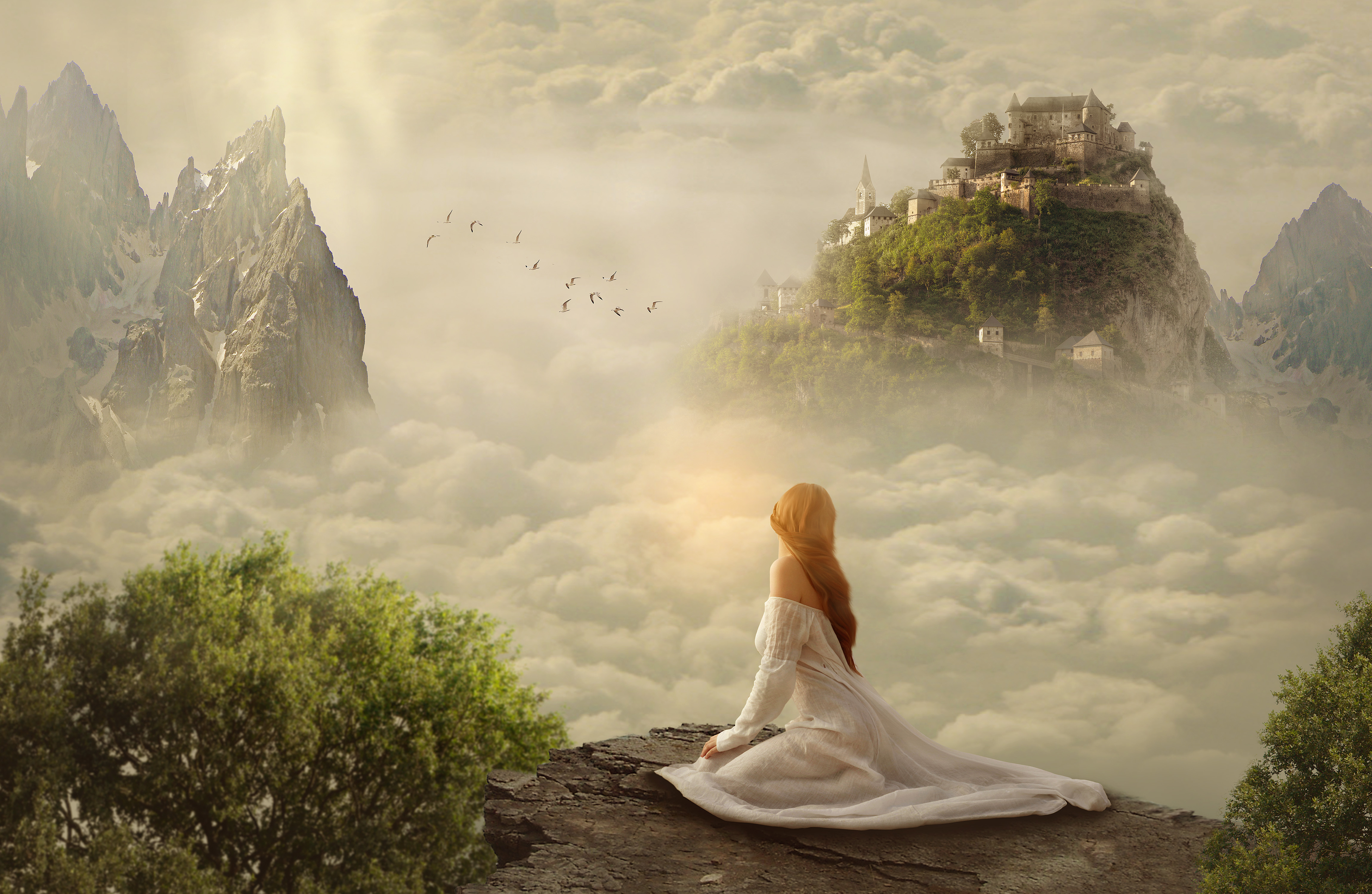 Woman on Cliff Overlooking Castle in Clouds 4K HD Wallpaper
