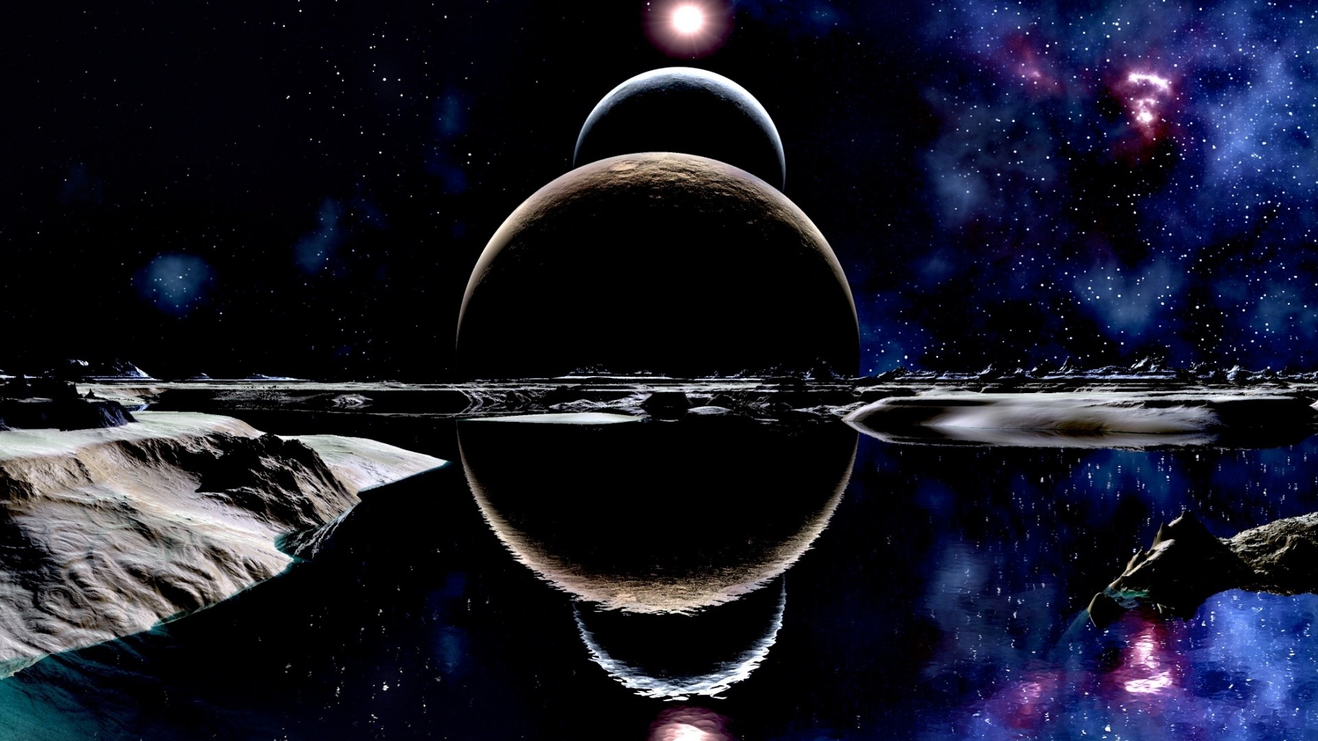 Alien planet with two moons and a sun HD Wallpaper