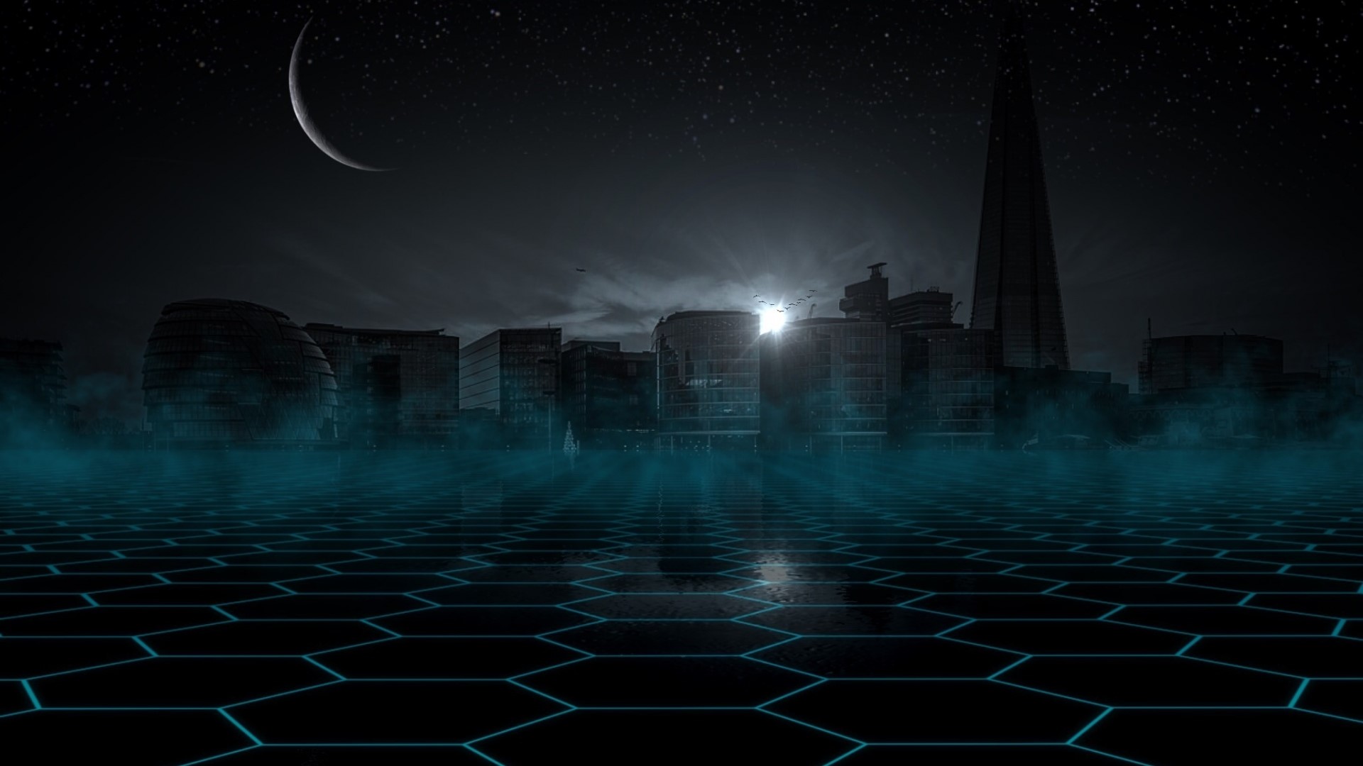 Futuristic Cityscape at Night with Crescent Moon HD Wallpaper