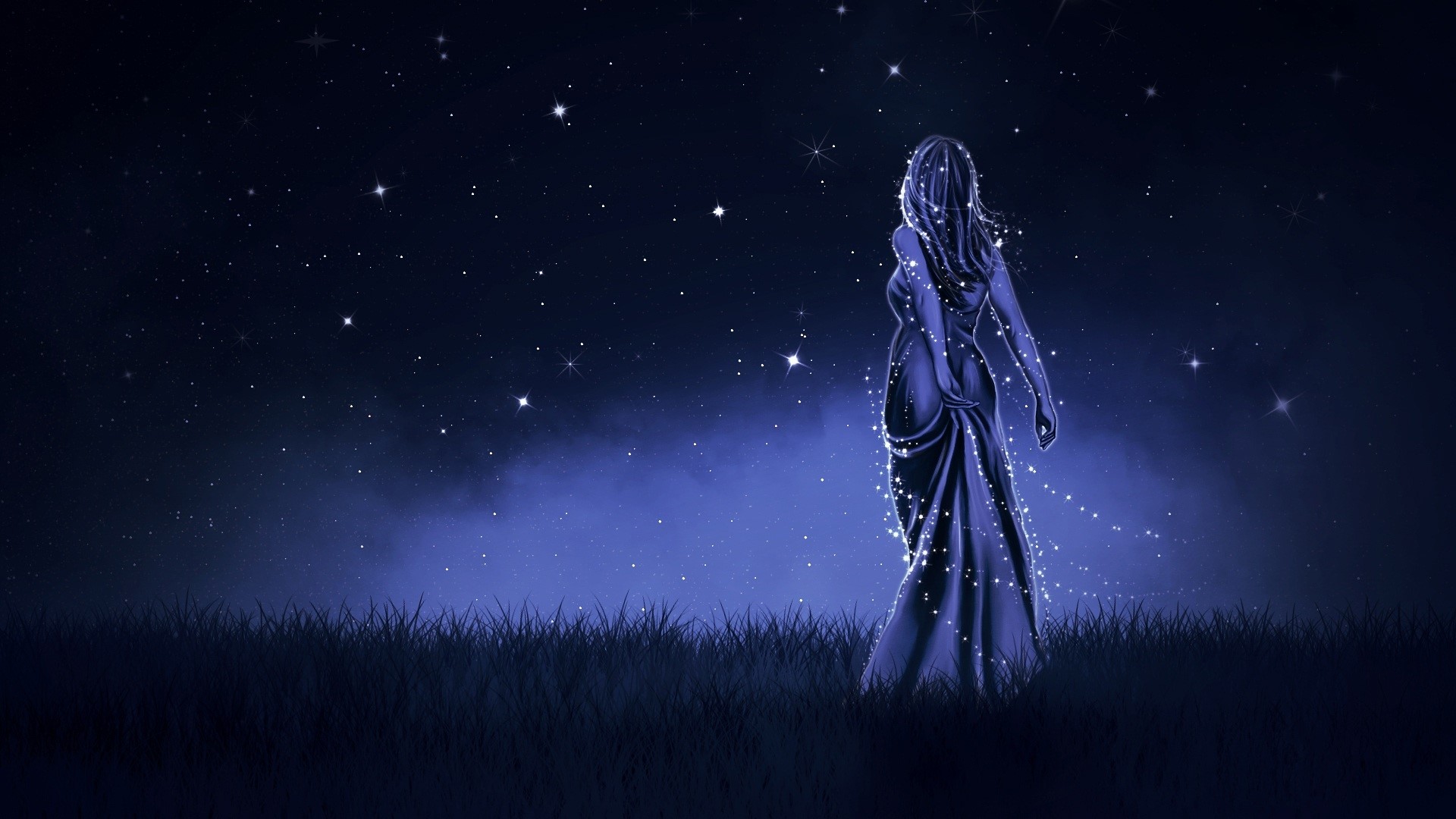 Girl in starry dress under night sky HD Wallpaper