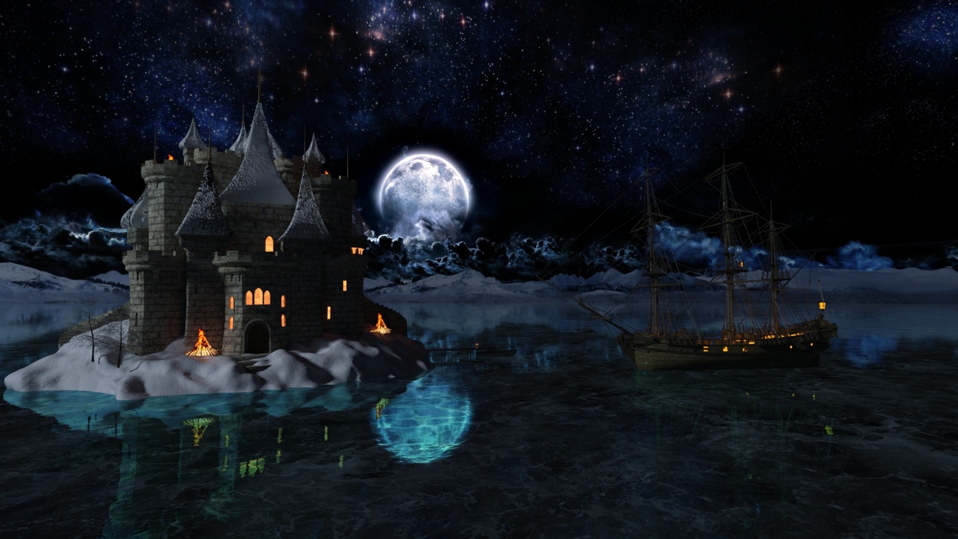Fantasy castle and ship under starry night sky HD Wallpaper