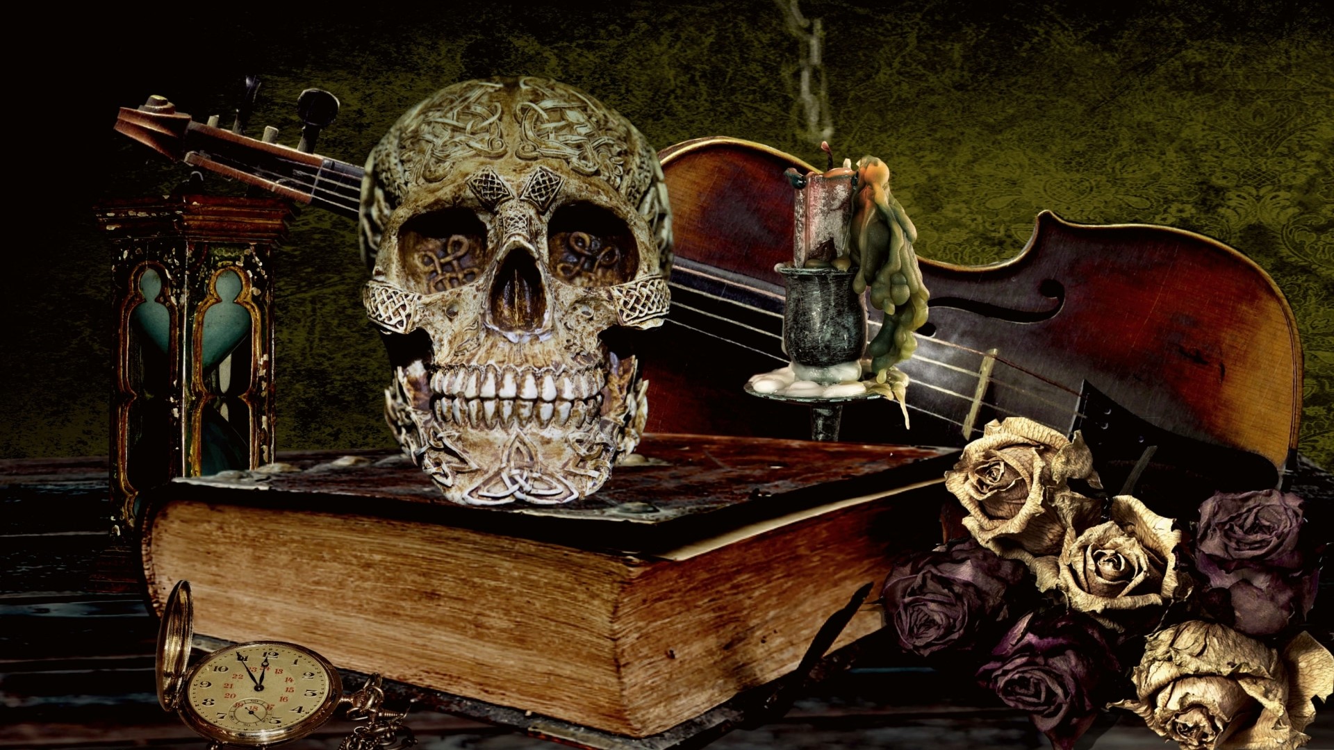 Still life with skull, violin, book, and roses HD Wallpaper
