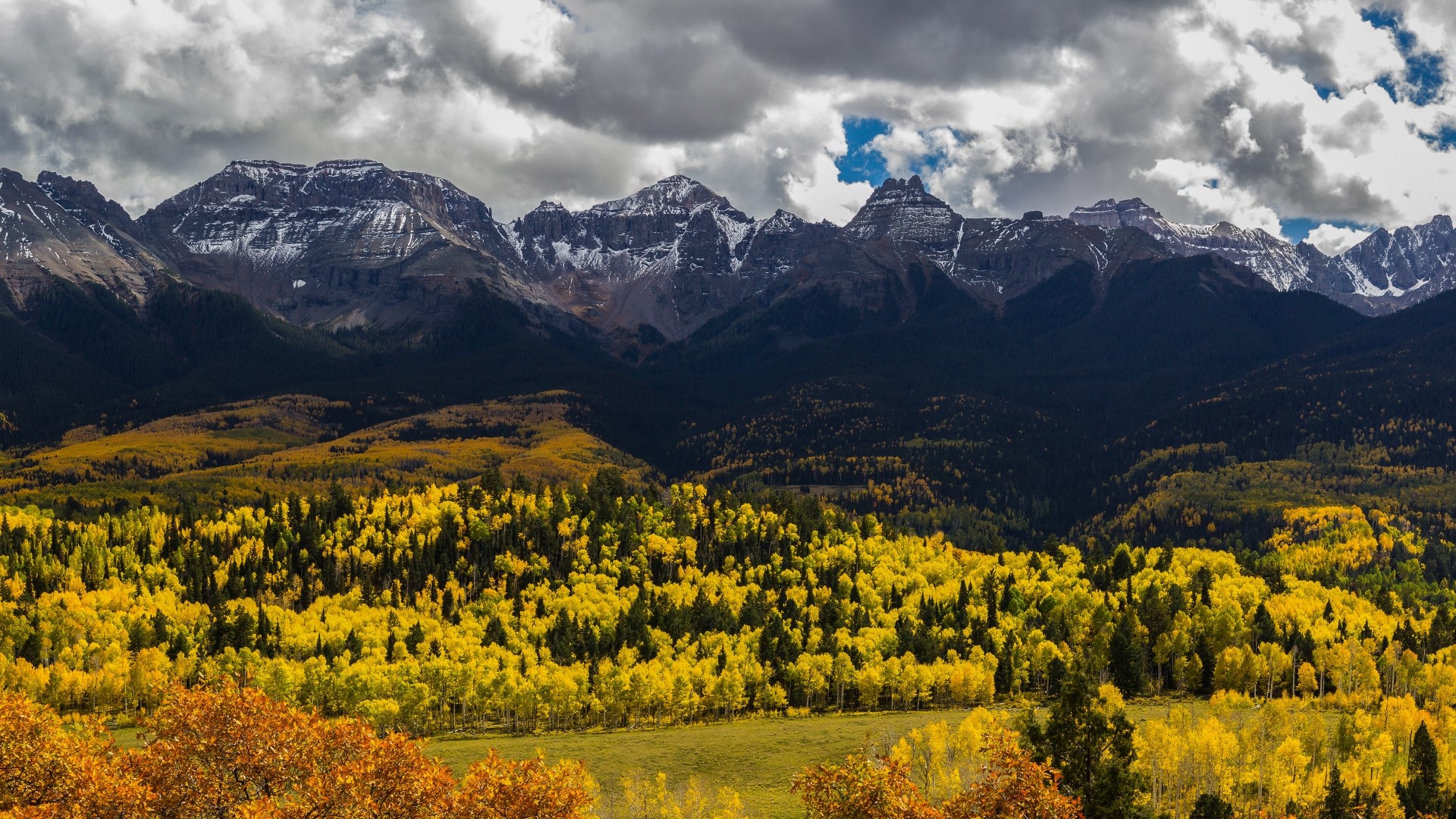 Autumn mountains with yellow trees and snow-capped peaks HD Wallpaper