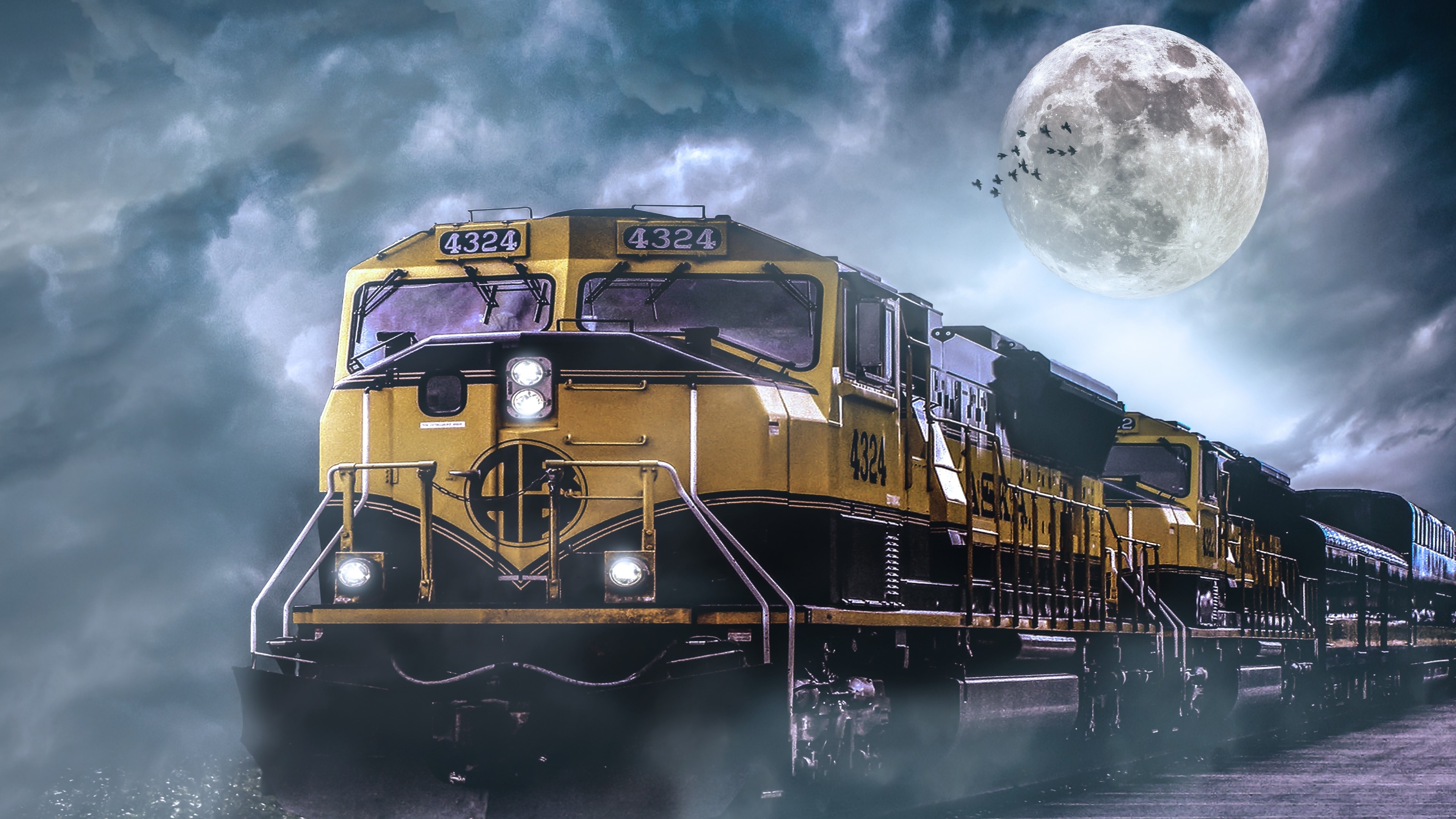 4K Locomotive train at night with moon HD Wallpaper