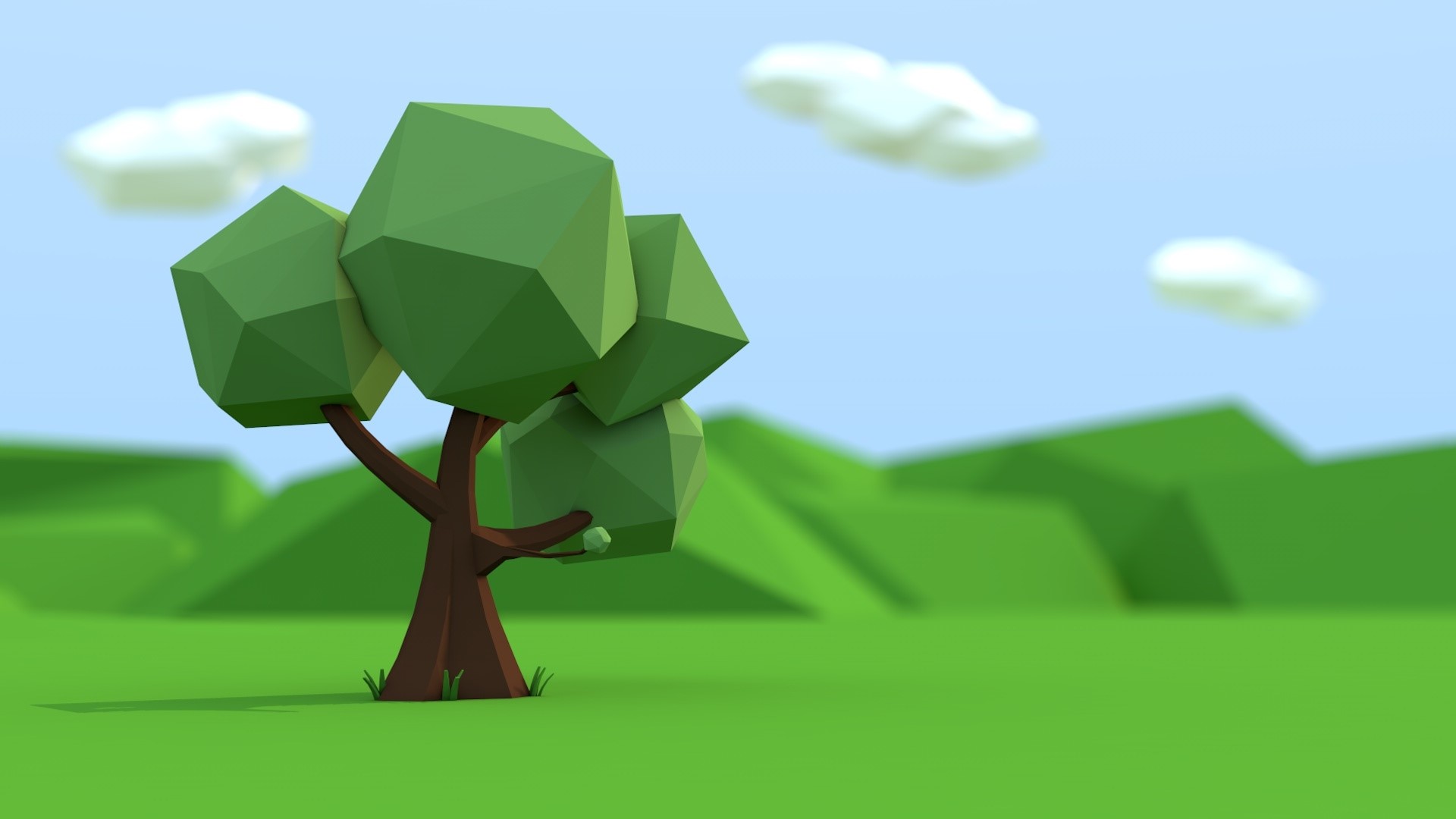 Low poly tree in a green field with clouds HD Wallpaper
