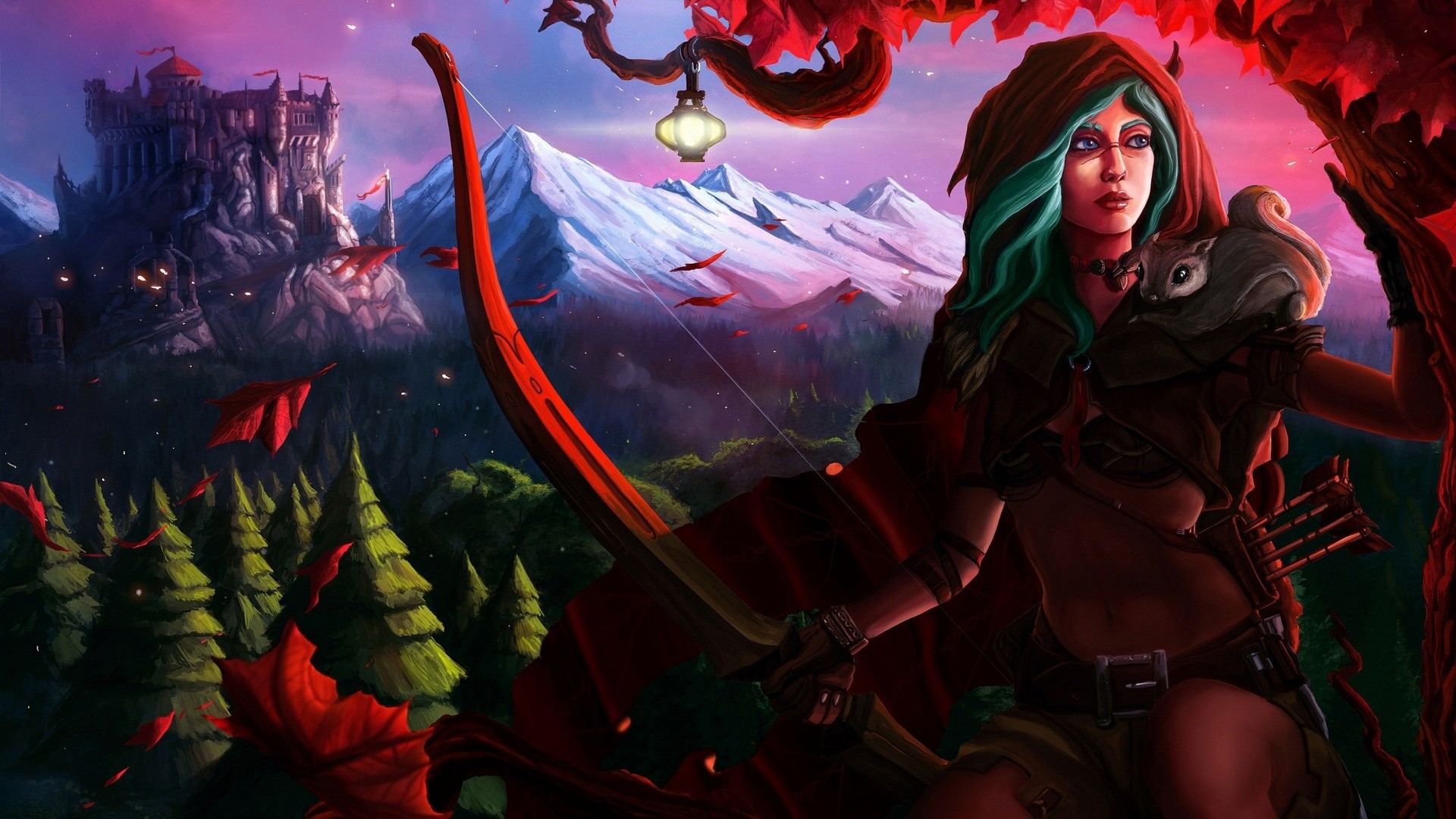 Archer with a squirrel on her shoulder in a fantasy landscape HD Wallpaper