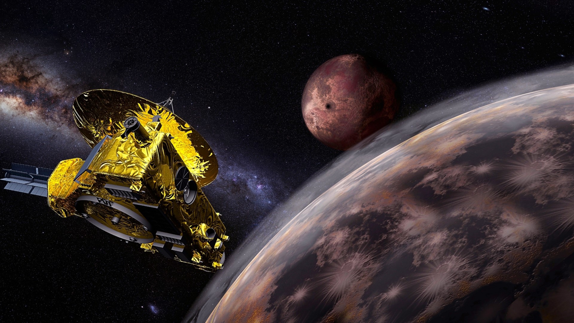 New Horizons spacecraft near Pluto and Charon HD Wallpaper