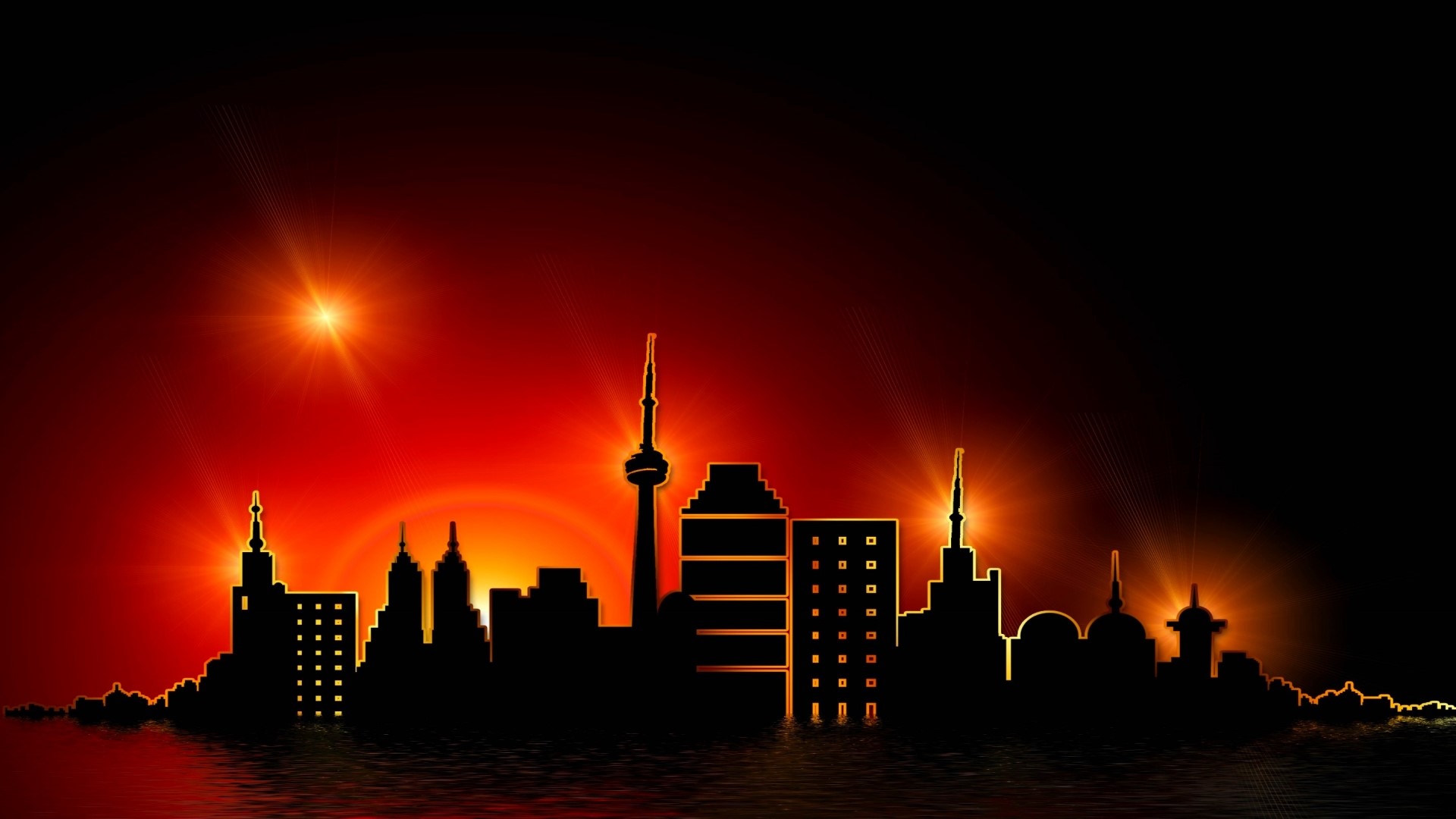 City skyline silhouette at sunset with lens flare HD Wallpaper