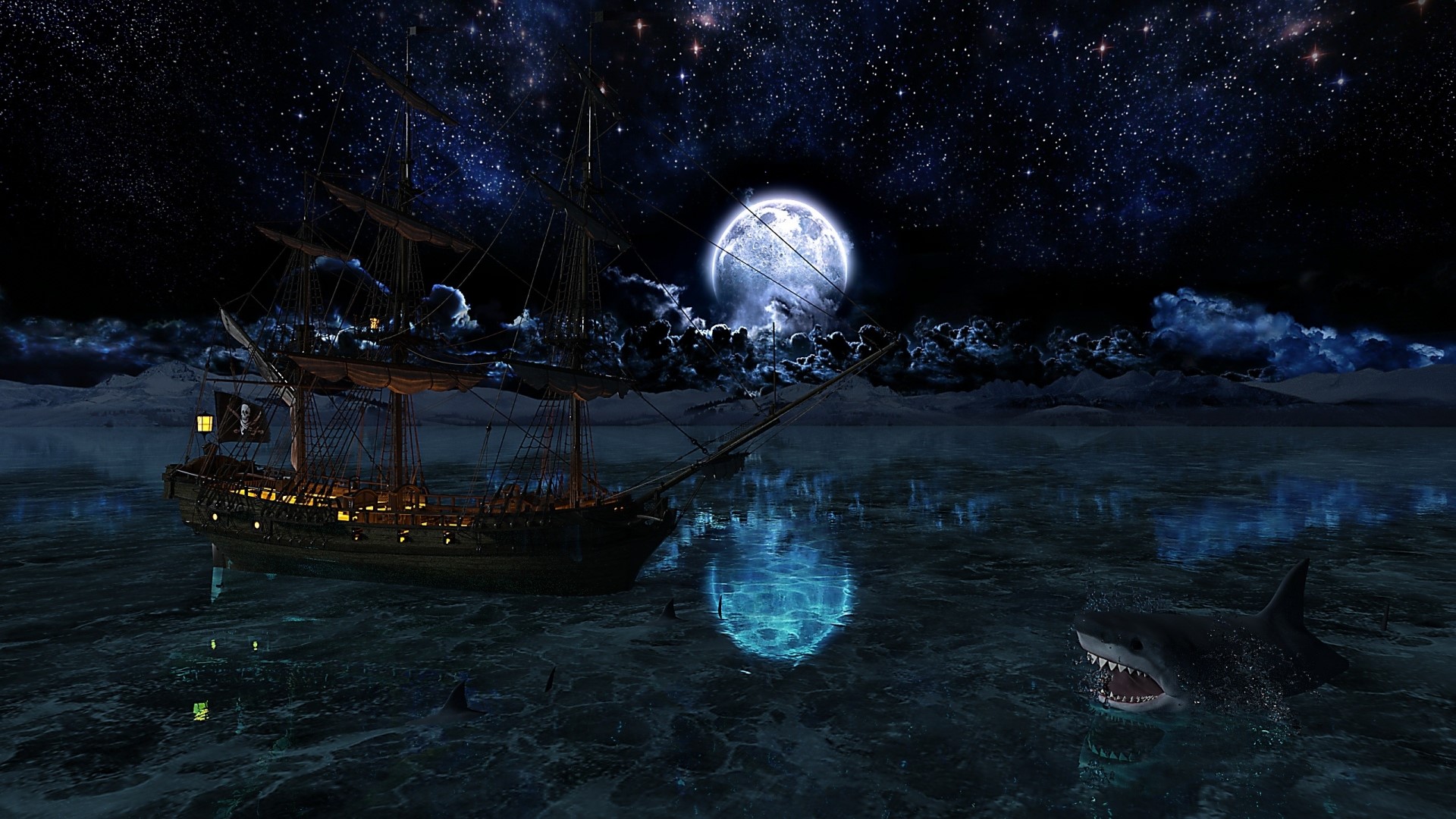 Pirate ship sailing at night under a full moon with sharks HD Wallpaper