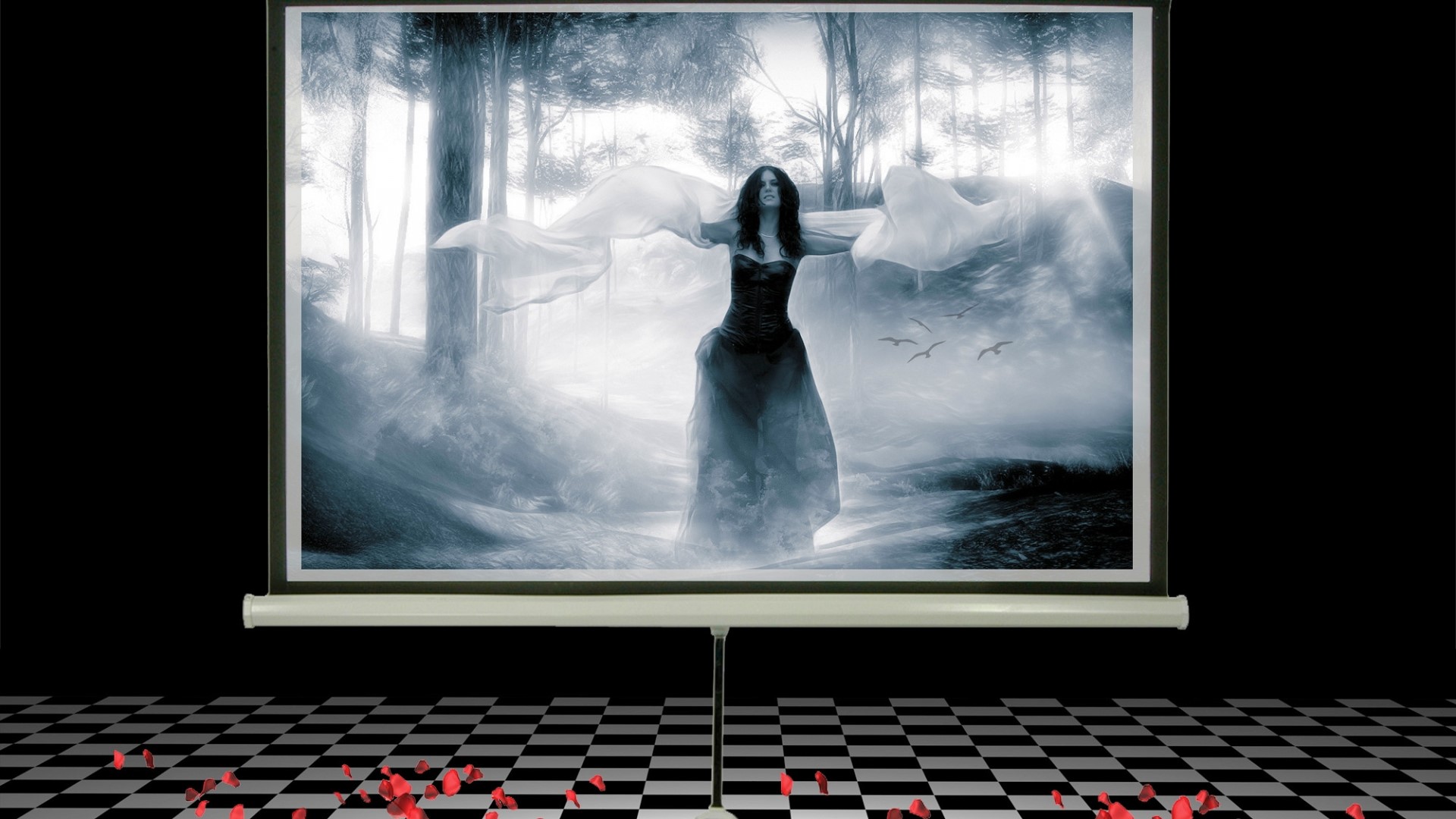 Woman in a dark dress with flowing fabric in a misty forest HD Wallpaper