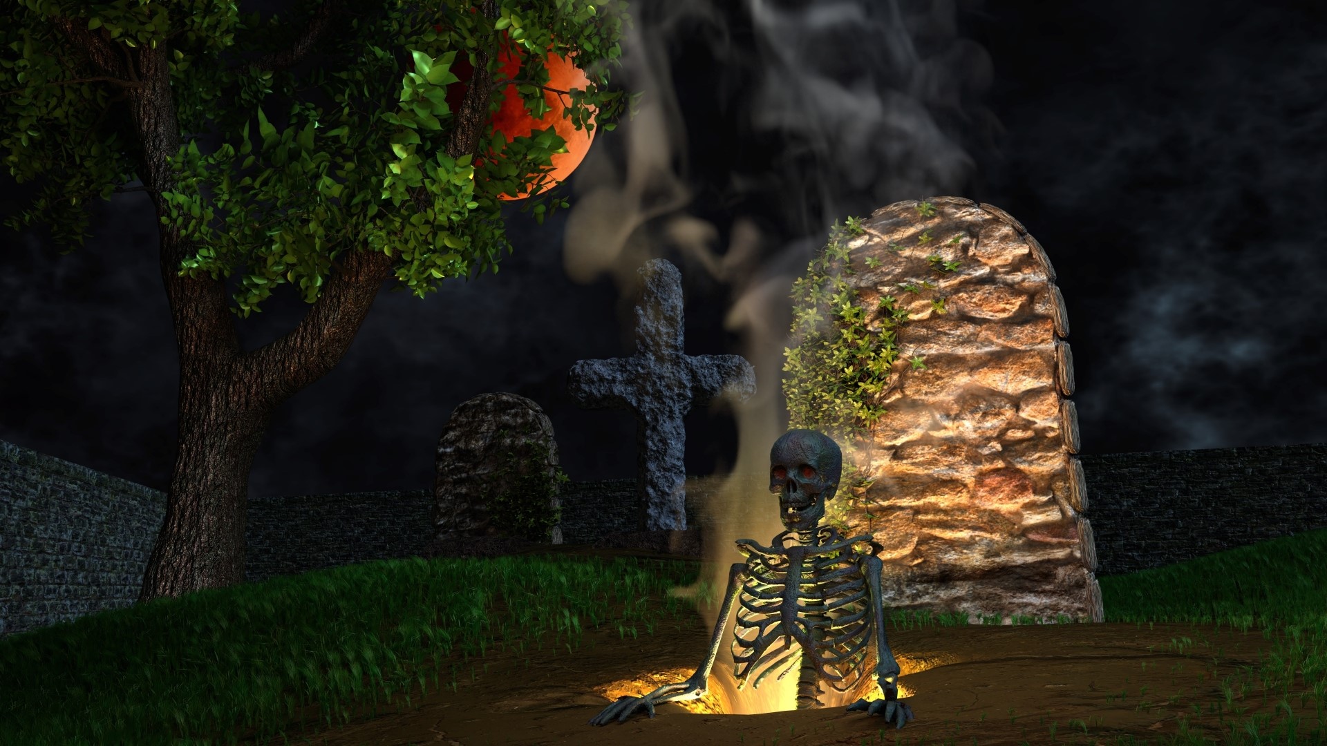 Skeleton rising from grave on Halloween night HD Wallpaper