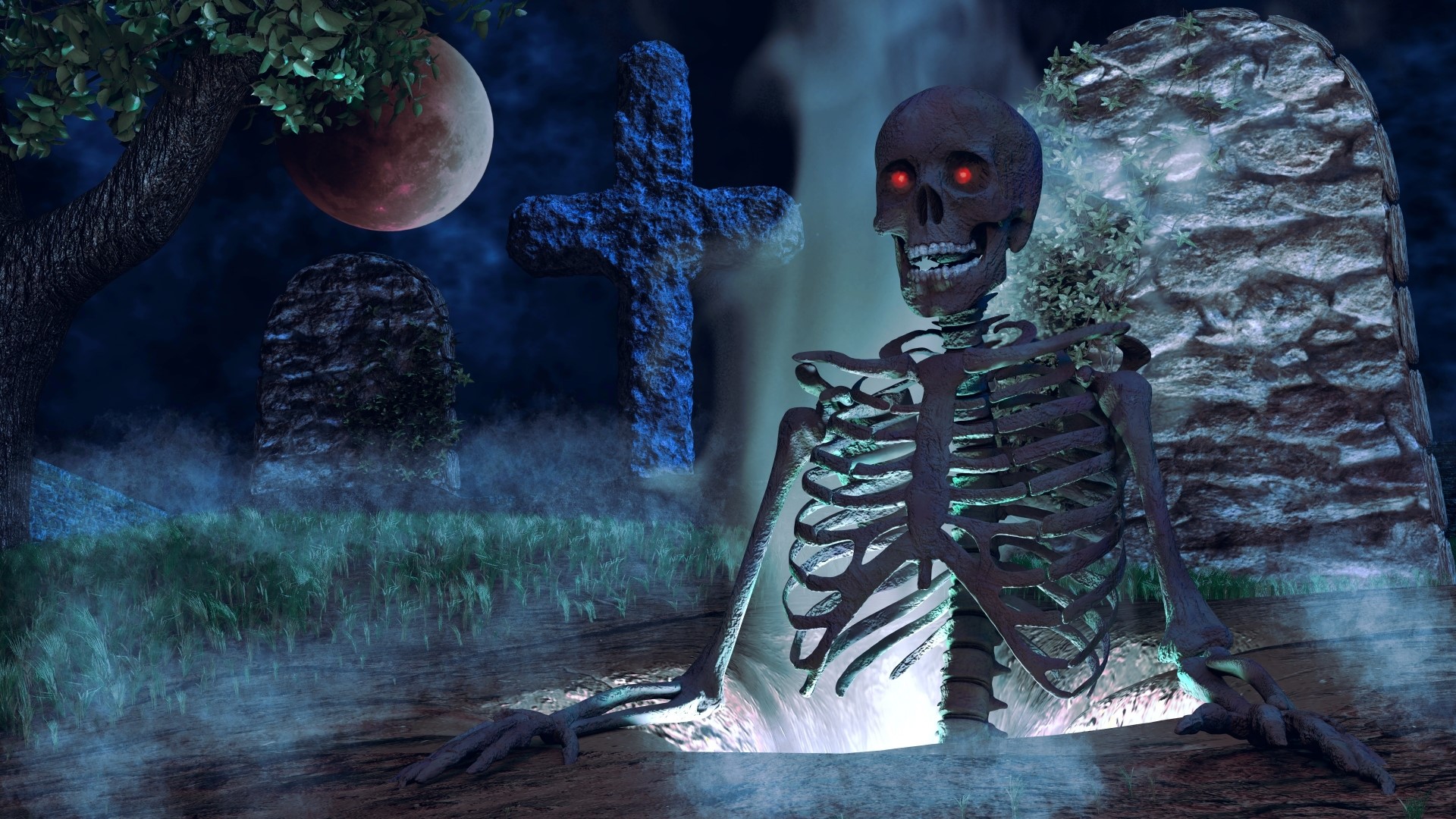 Skeleton rising from grave on Halloween night HD Wallpaper