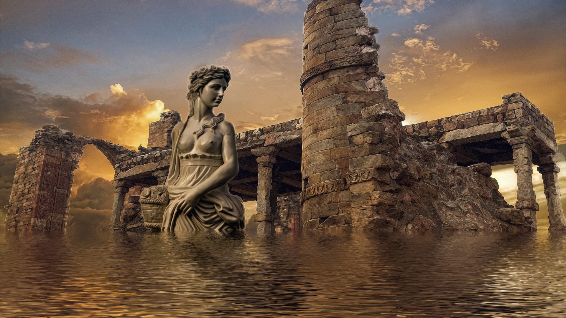 Statue of a woman in flooded ancient ruins HD Wallpaper