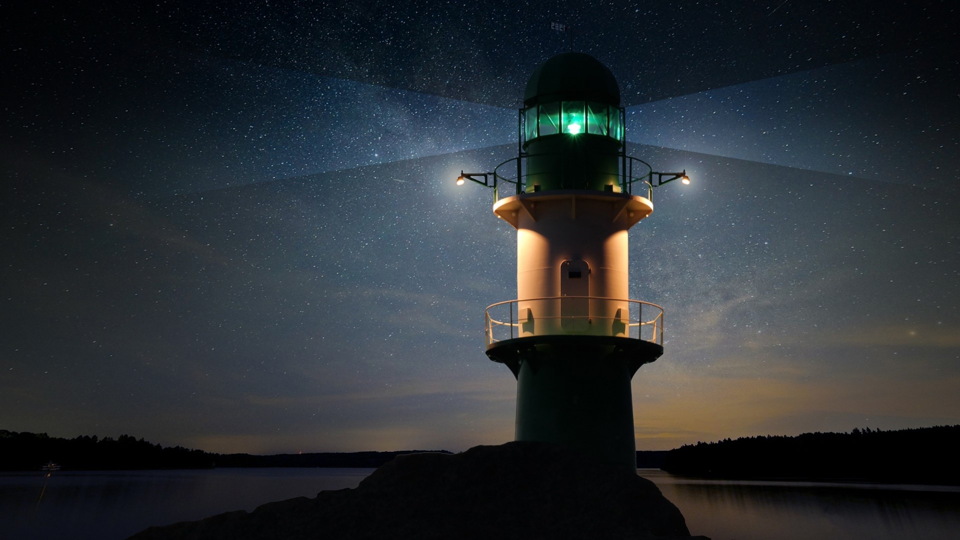 Lighthouse at night with starry sky HD Wallpaper