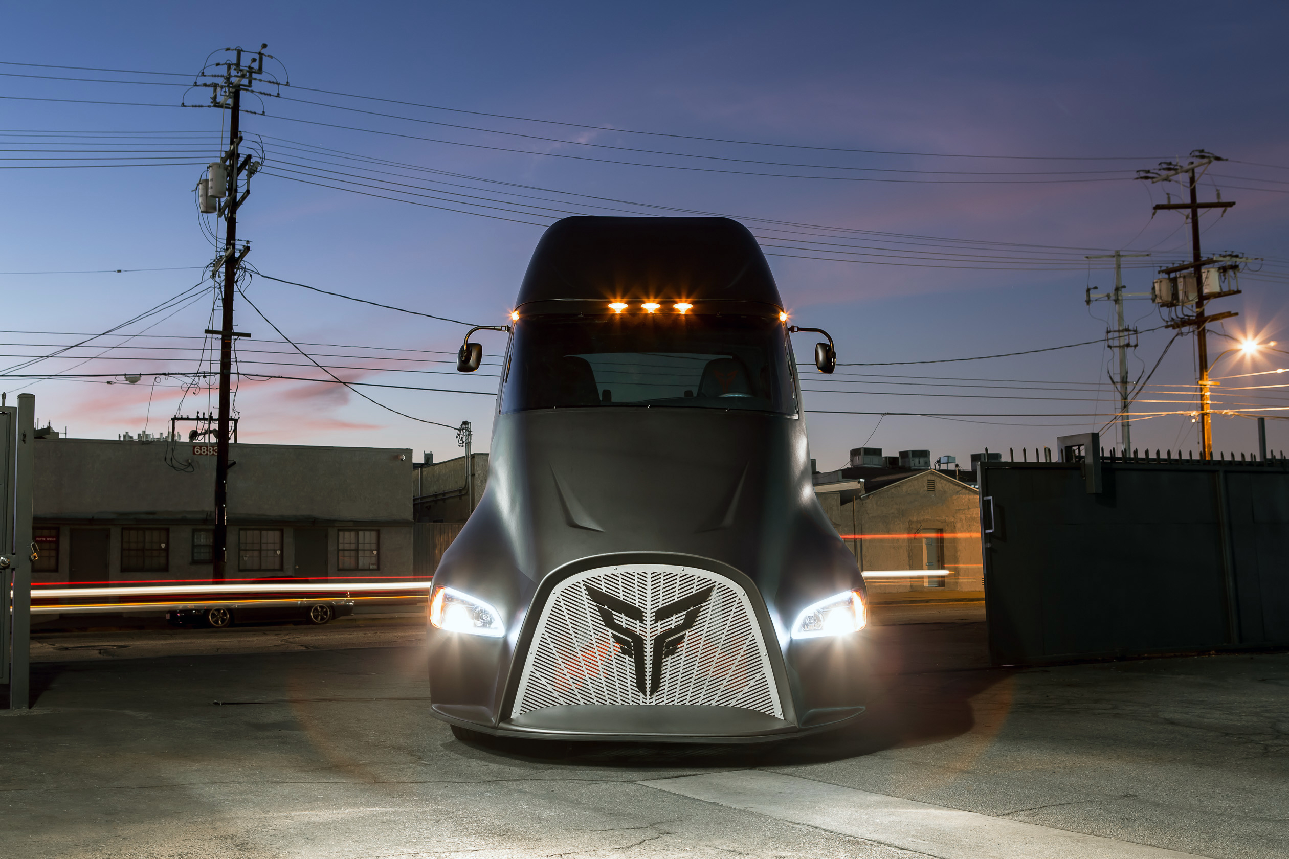 Thor Trucks prototype semi-trailer truck at dusk HD Wallpaper