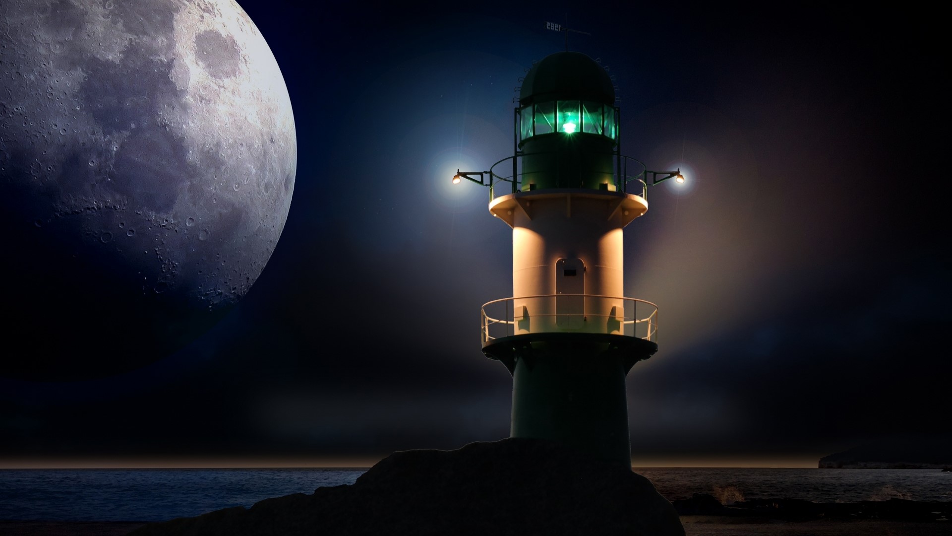 Lighthouse at night with moon HD Wallpaper
