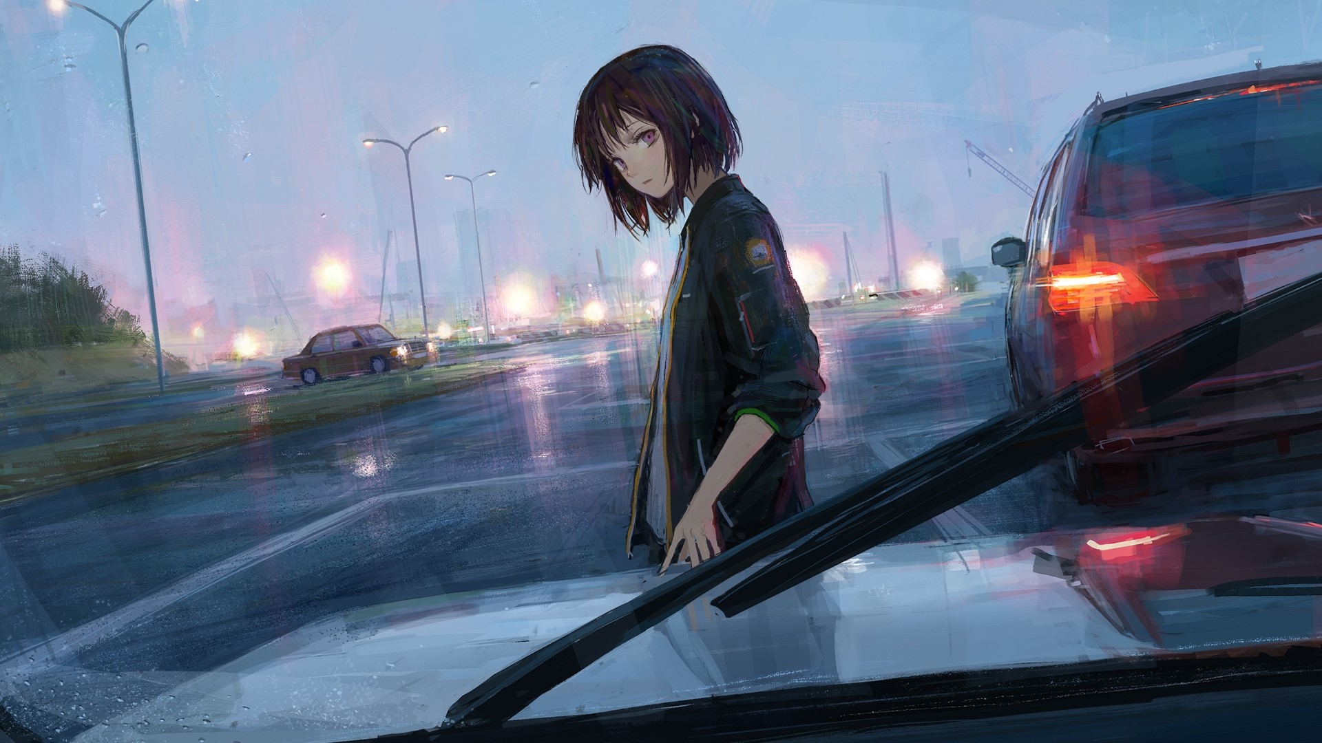 Girl on a rainy road at night HD Wallpaper