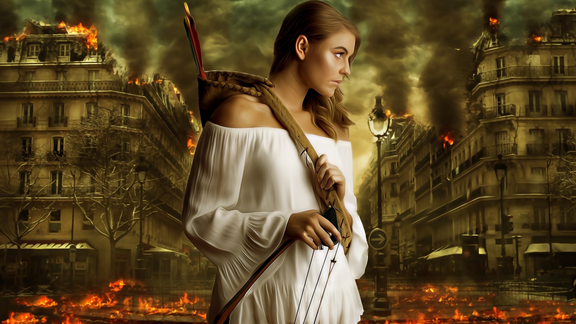Woman with bow and arrow in burning city HD Wallpaper
