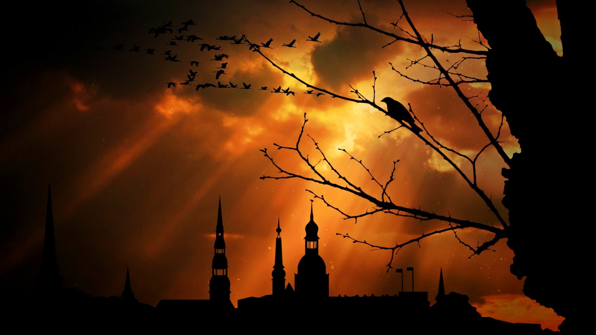 Silhouette of a city skyline at dusk with birds flying HD Wallpaper