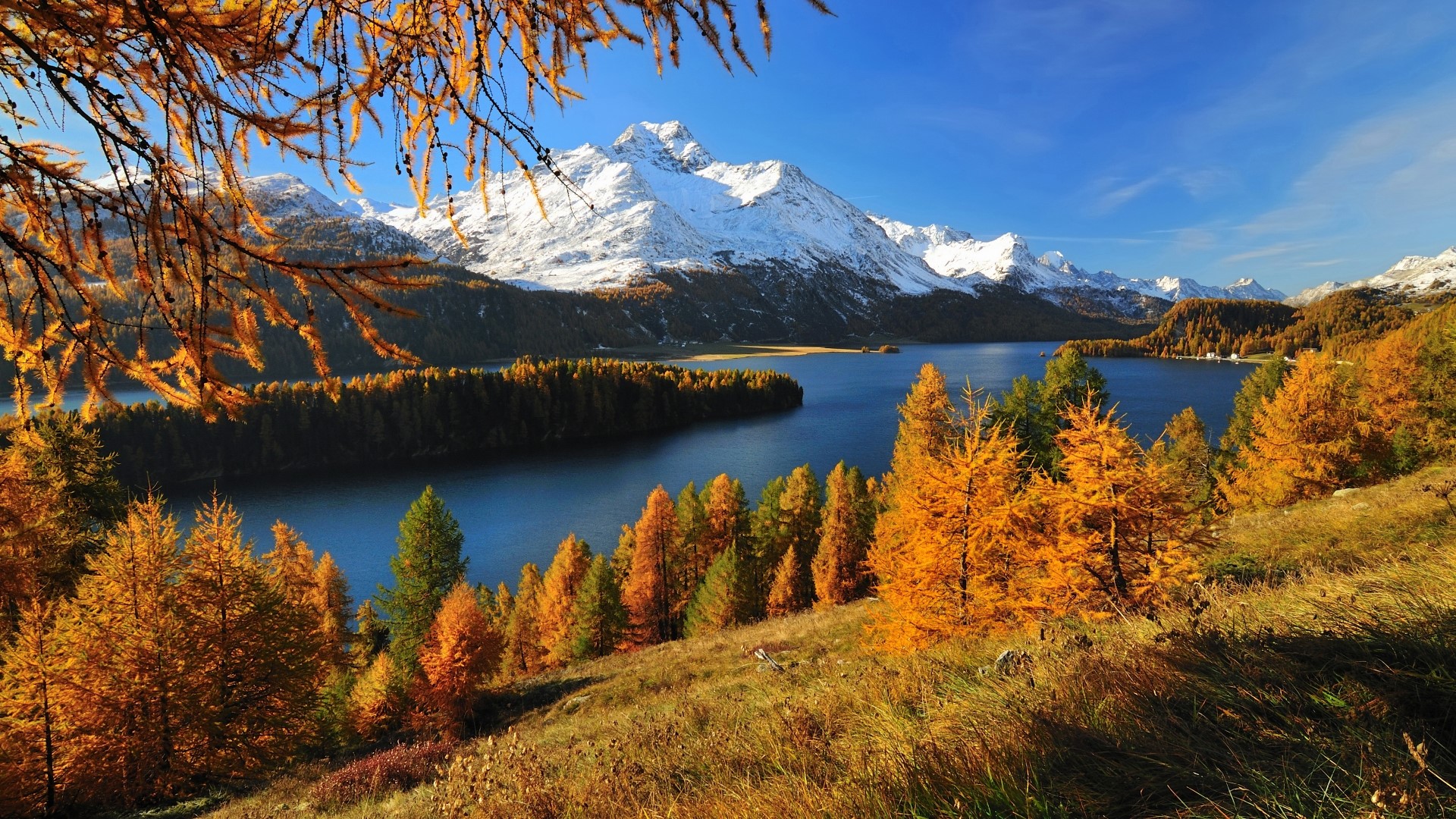 Autumnal Lake and Snow-Capped Mountains HD Wallpaper