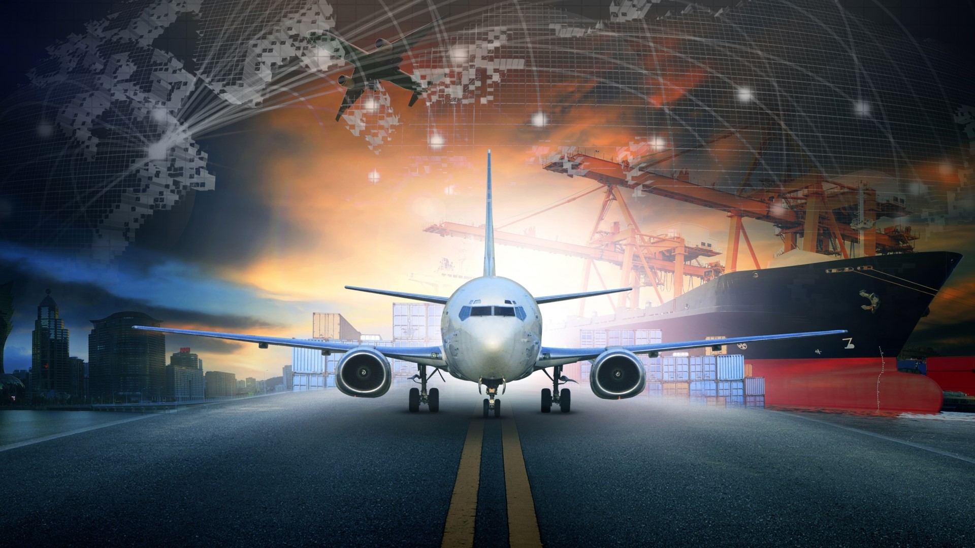 Airplane and cargo ship in a global logistics network HD Wallpaper