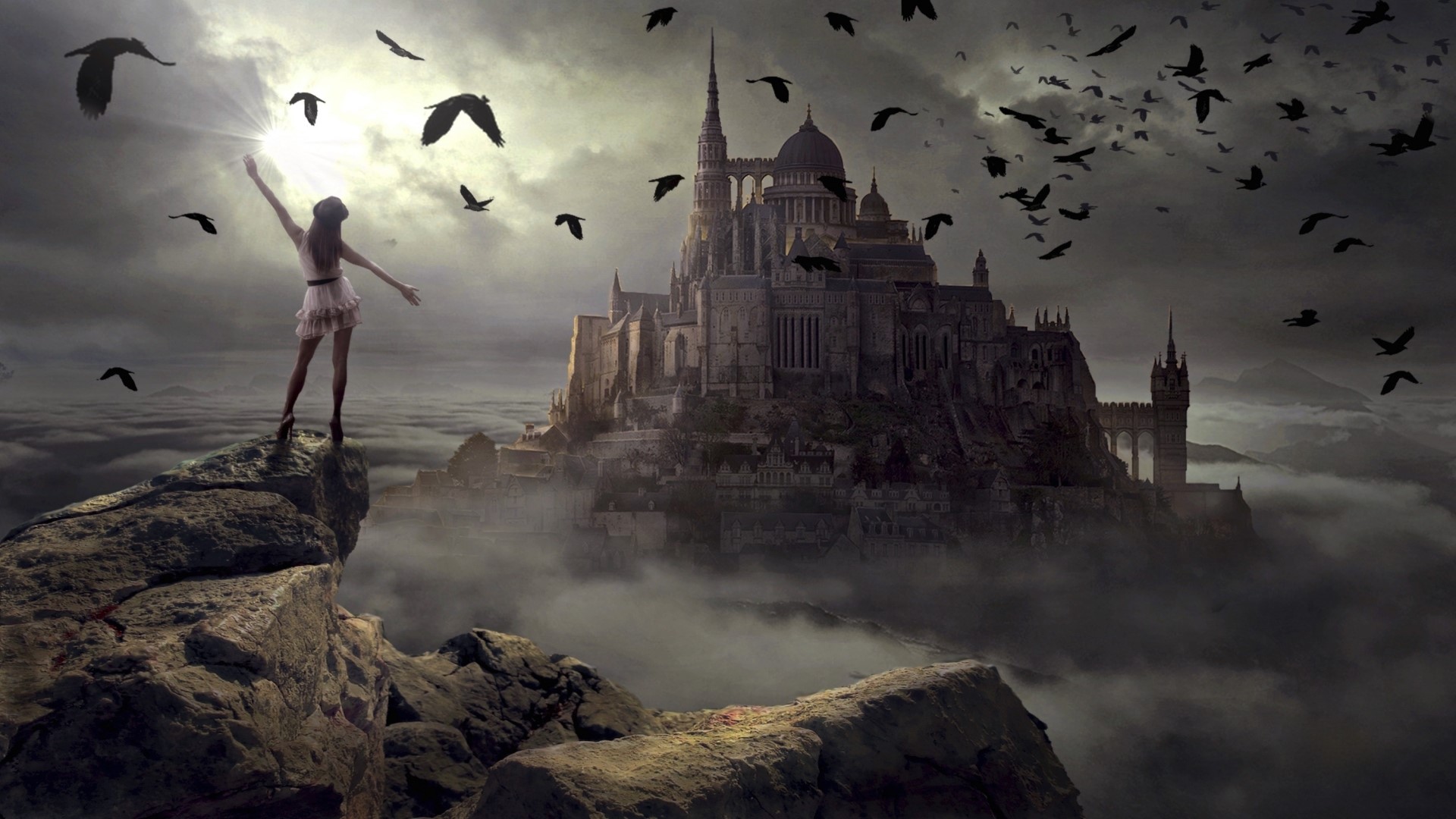 Girl on cliff with castle and birds HD Wallpaper