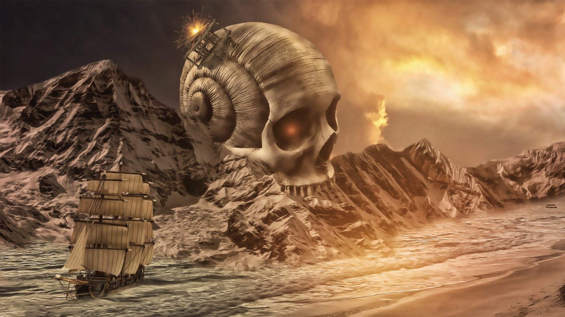 Giant Skull with Bomb on Snail Shell Overlooking a Ship HD Wallpaper