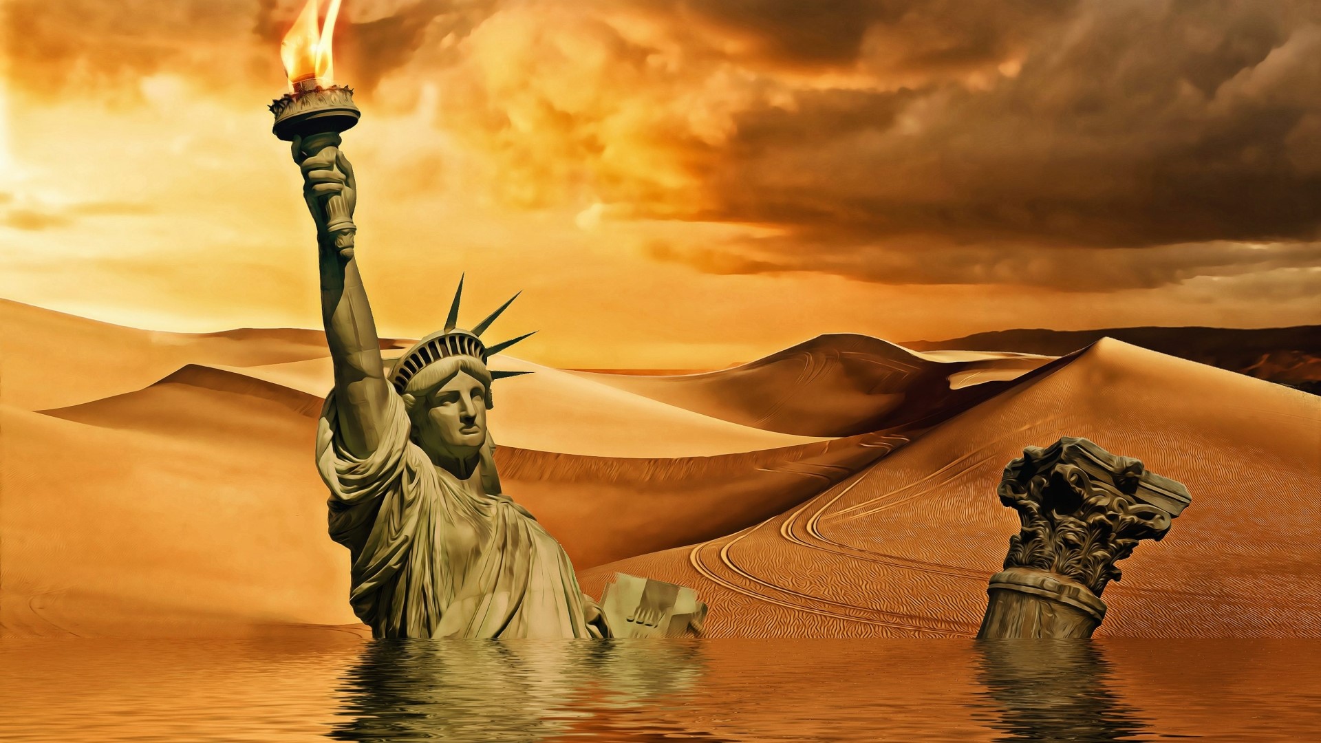 Statue of Liberty in a desert flood HD Wallpaper
