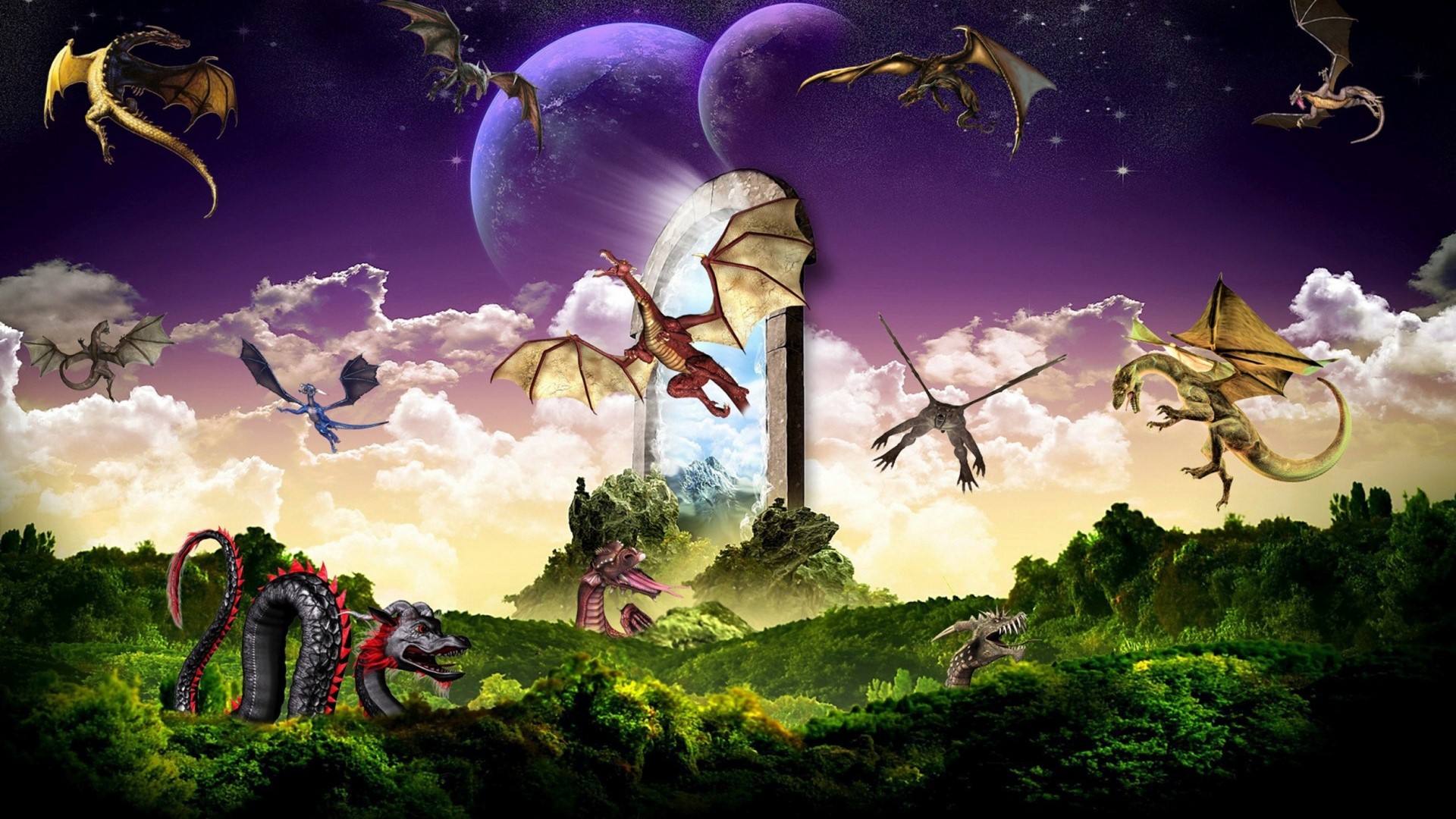 Many dragons flying around a magical portal HD Wallpaper