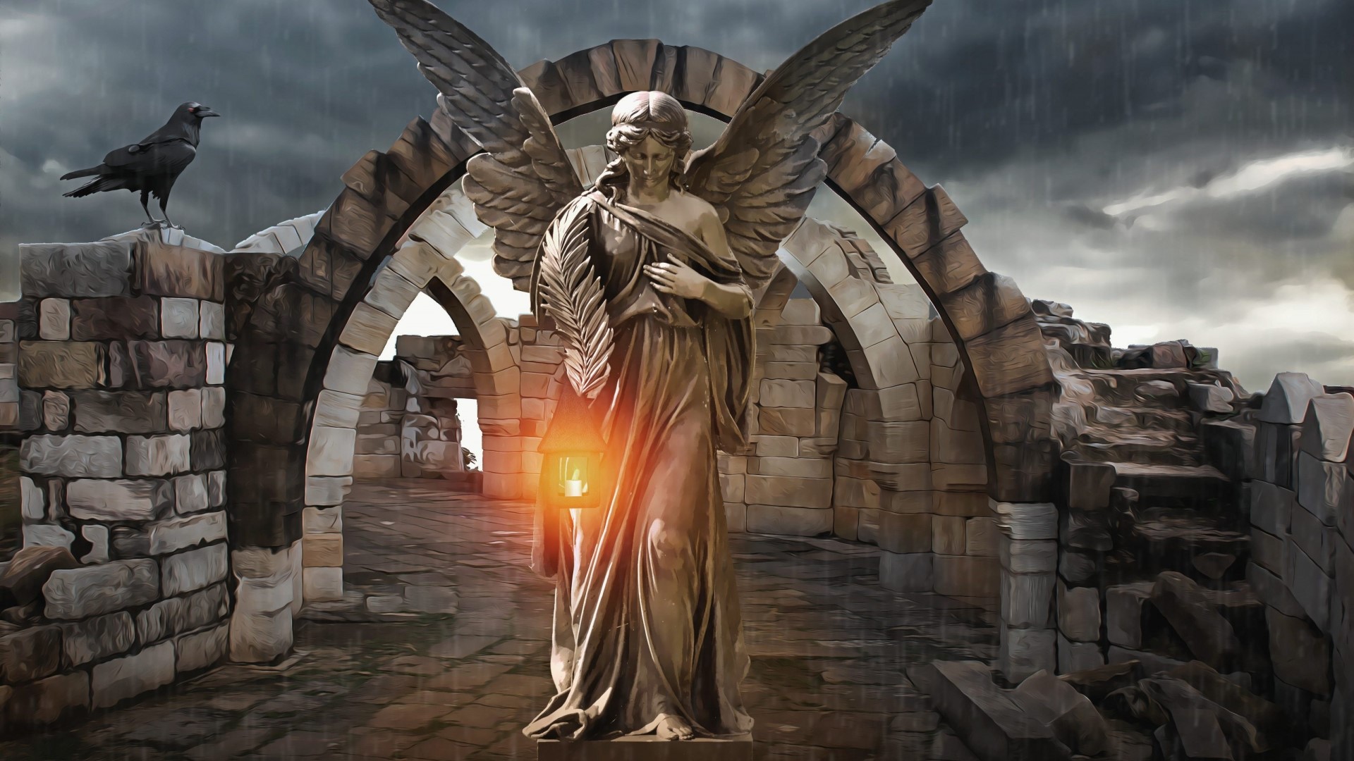 Angel statue holding a lantern in ruins HD Wallpaper