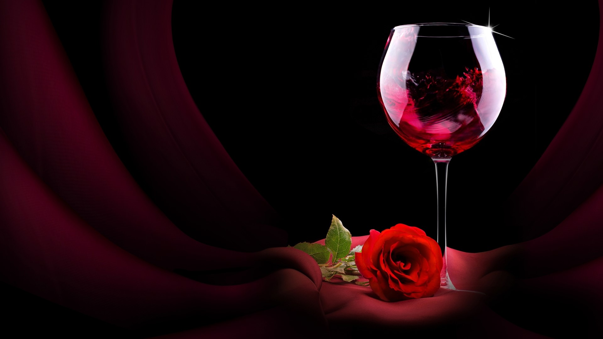 Red Rose and Wine Glass on Red Fabric HD Wallpaper