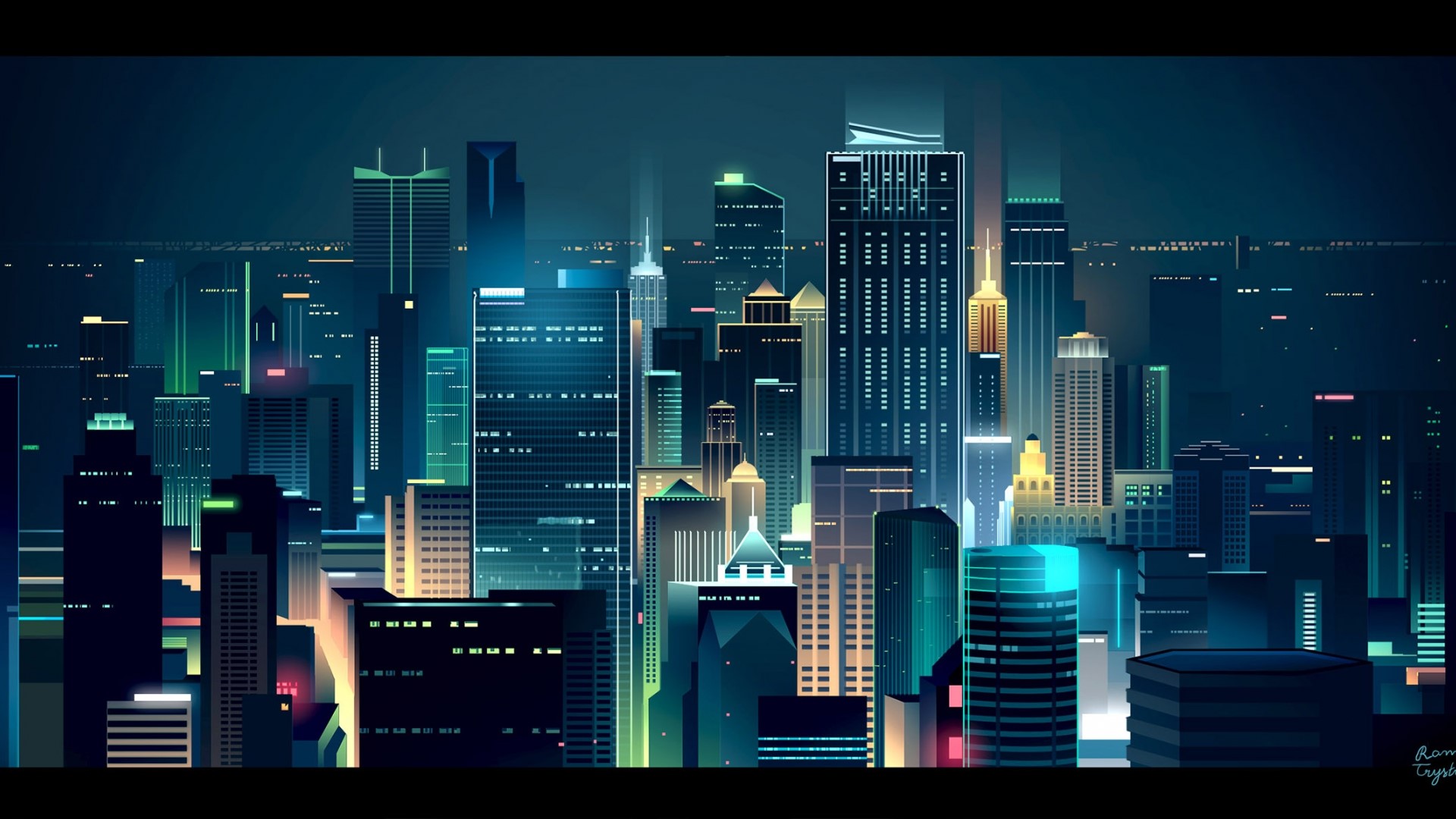 Cityscape at Night with Illuminated Skyscrapers HD Wallpaper