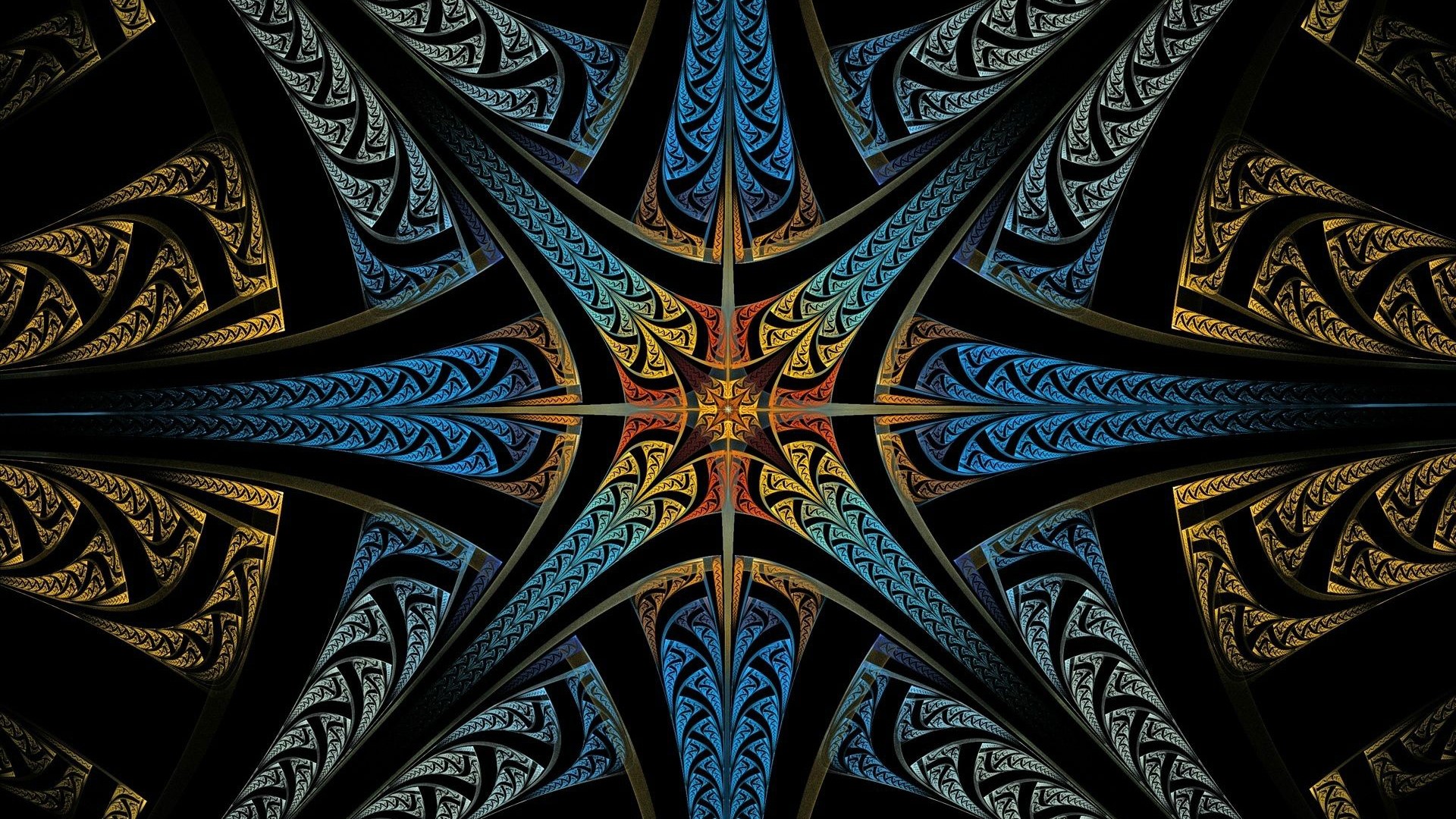 Fractal pattern with blue, gold, and red colors HD Wallpaper