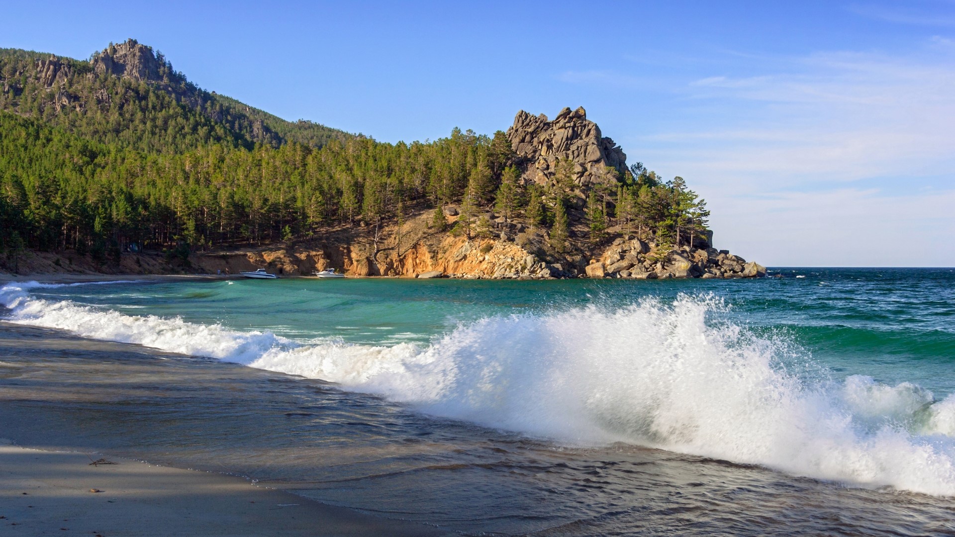 Lake Baikal with Rocky Shoreline and Forest HD Wallpaper