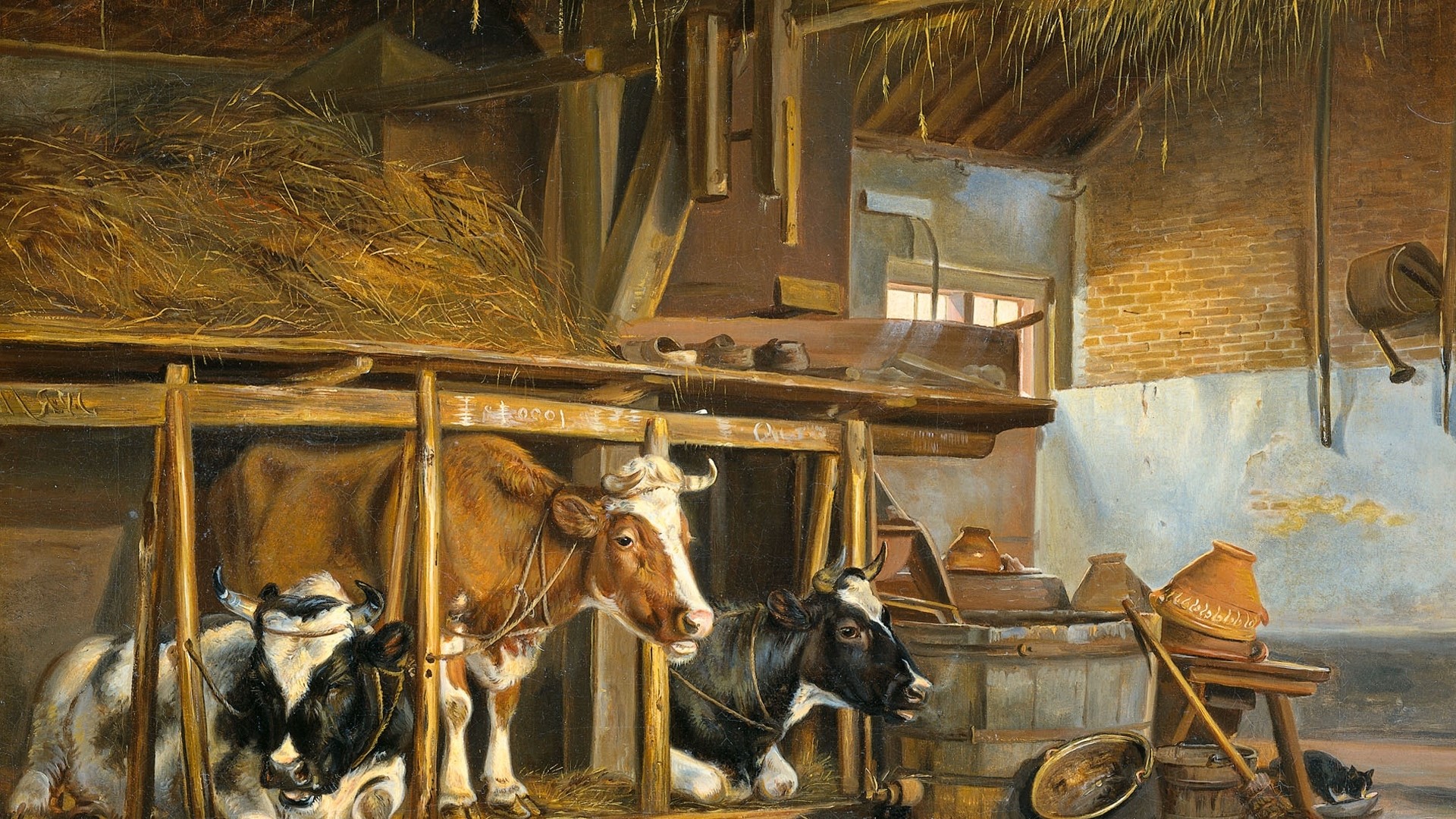 Cows in a barn with hay and farm equipment HD Wallpaper