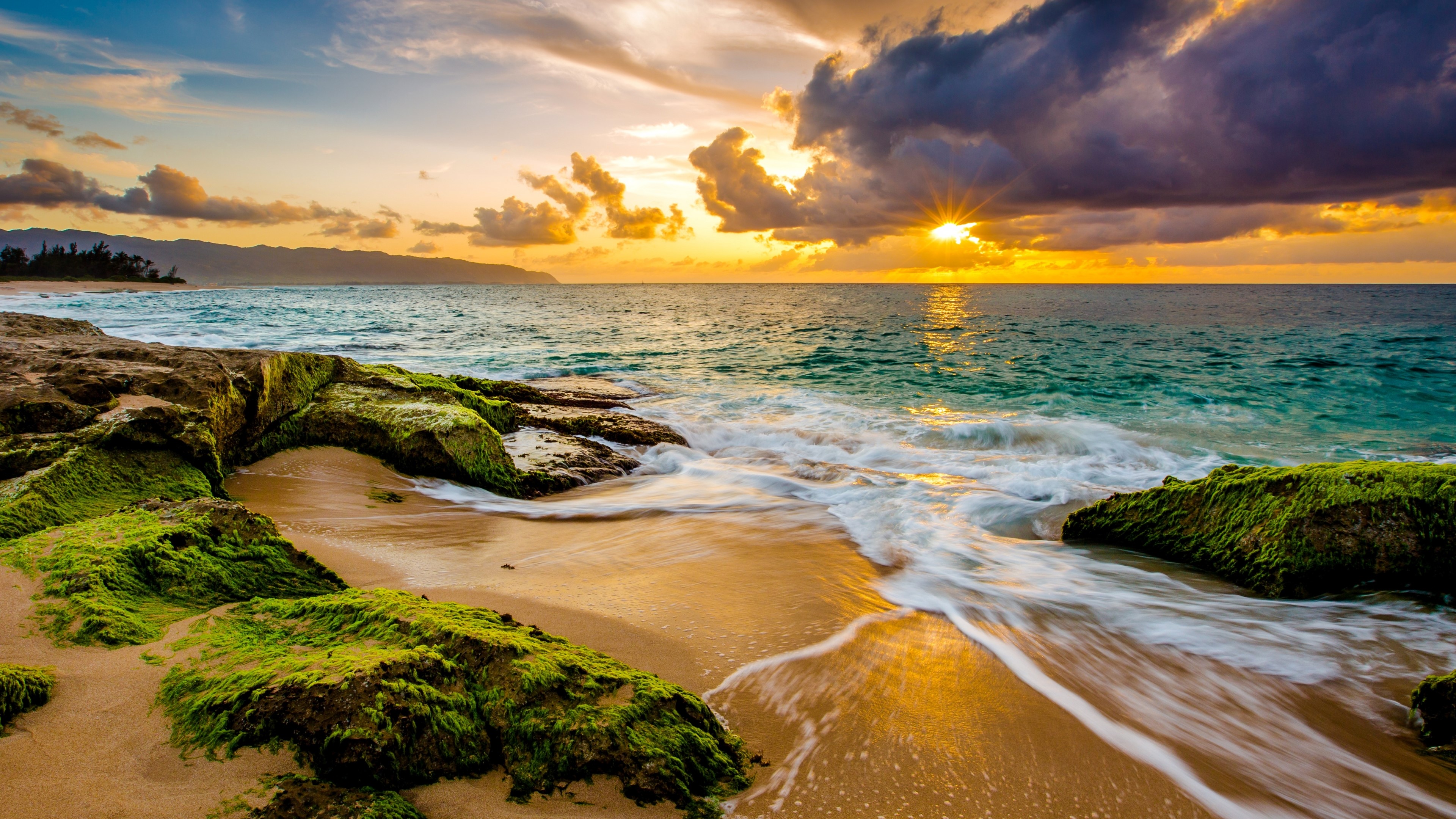 4K Shore with Sunset and Waves HD Wallpaper