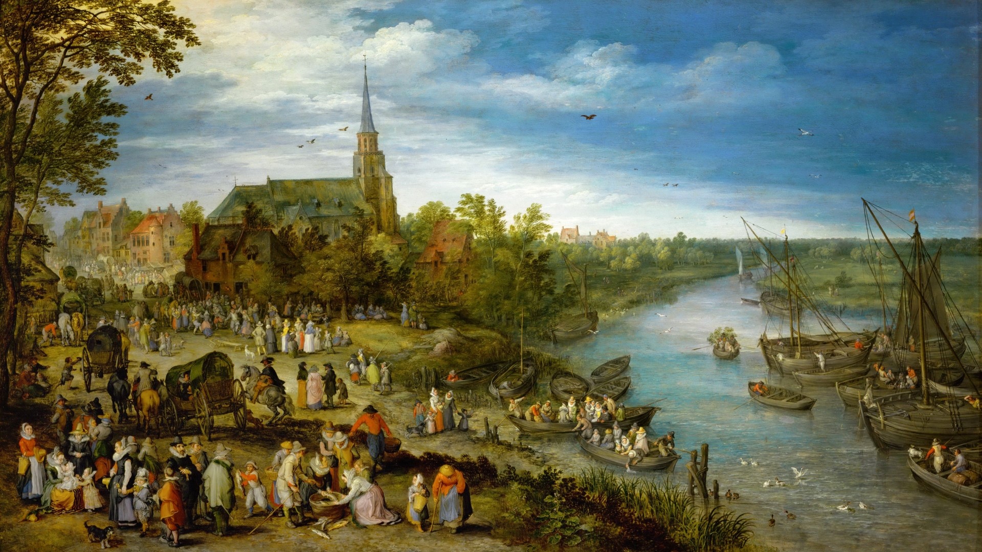 Village fair with church and river with boats HD Wallpaper