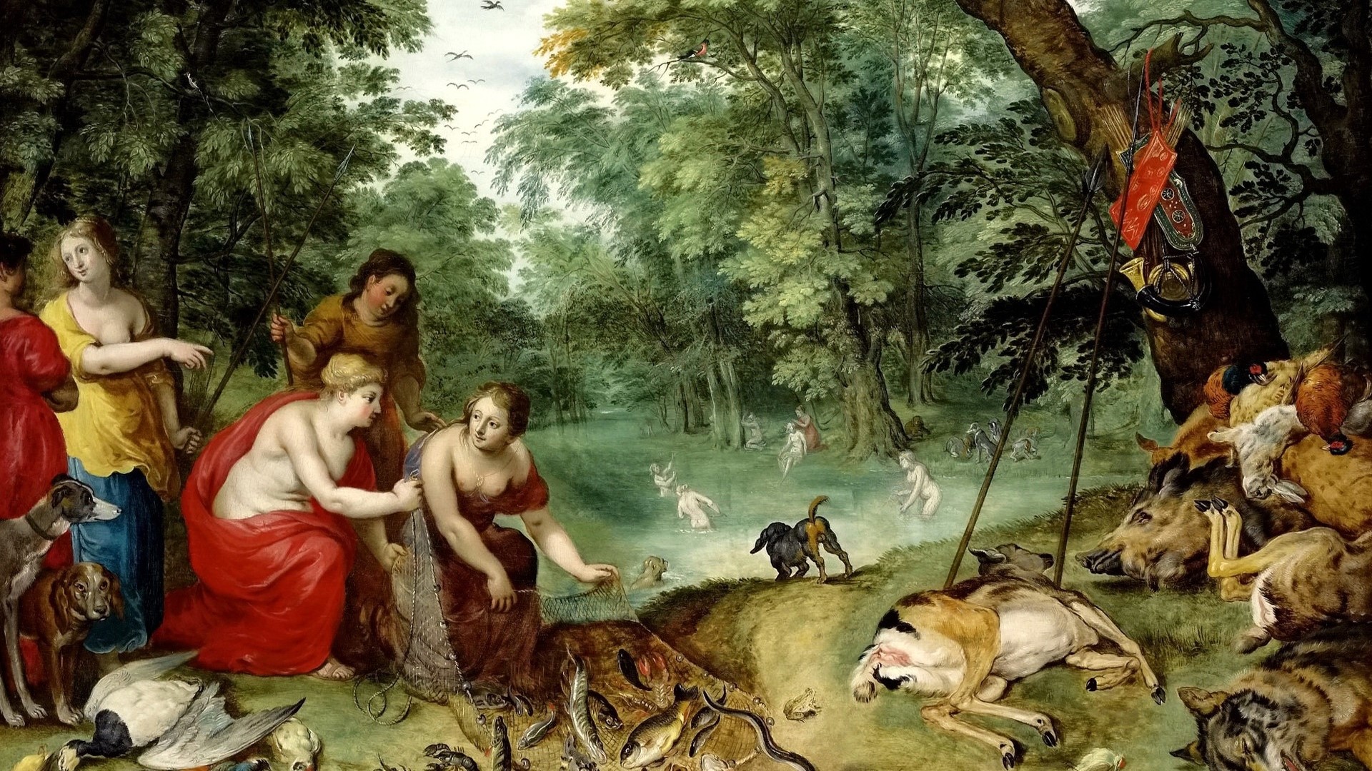 Diana and nymphs after the hunt in a forest HD Wallpaper