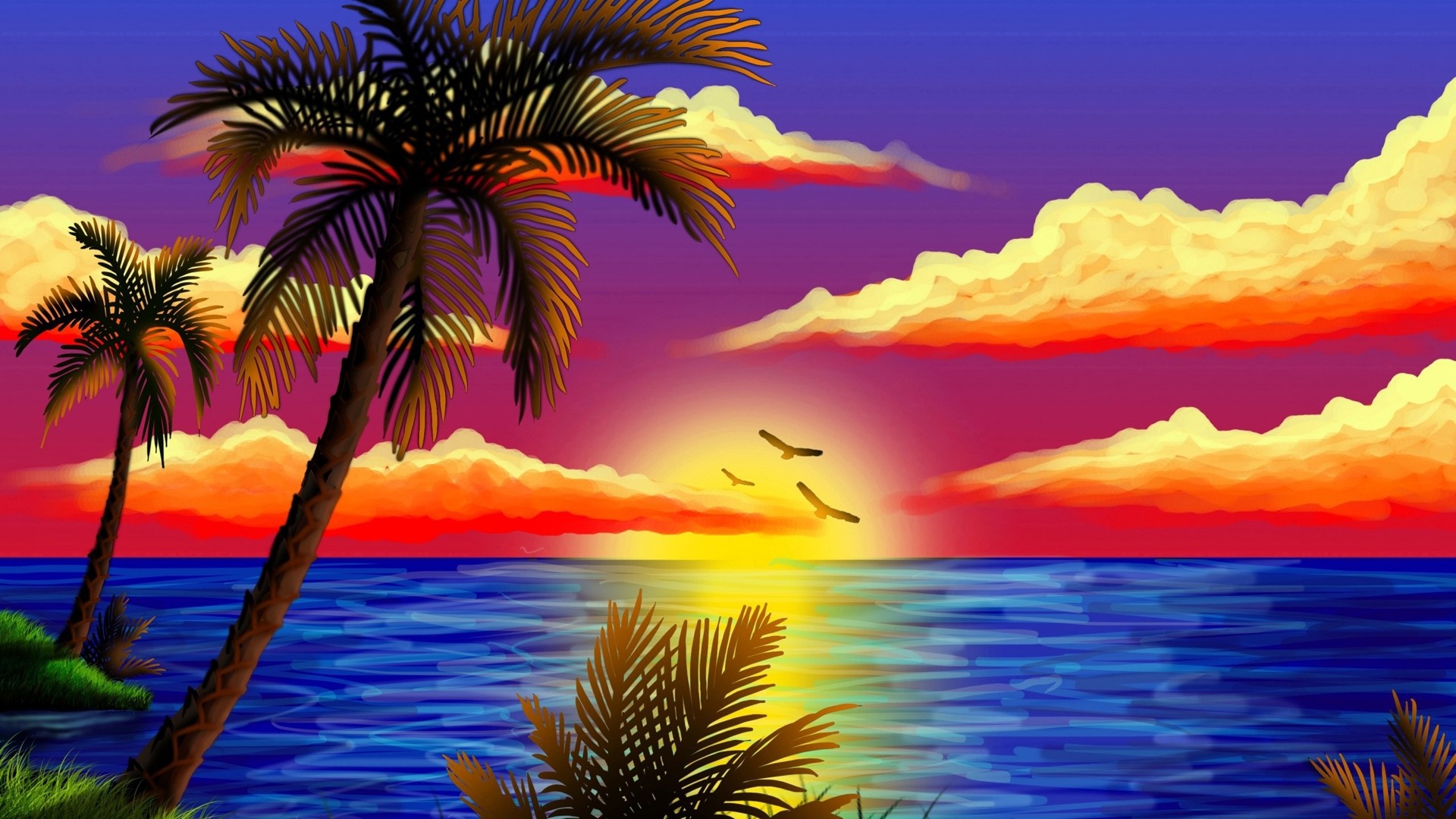 Tropical sunset over the ocean with palm trees HD Wallpaper