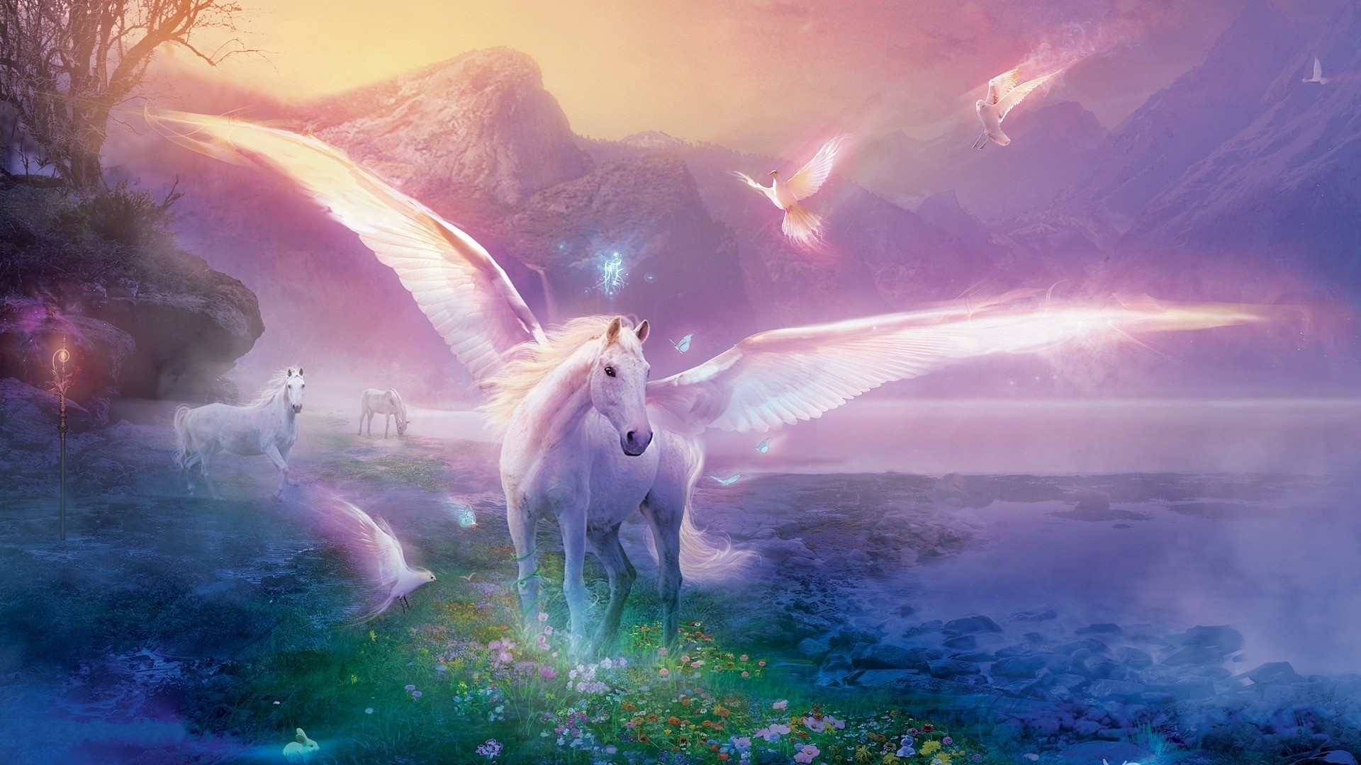 Pegasus and birds in a mystical landscape HD Wallpaper