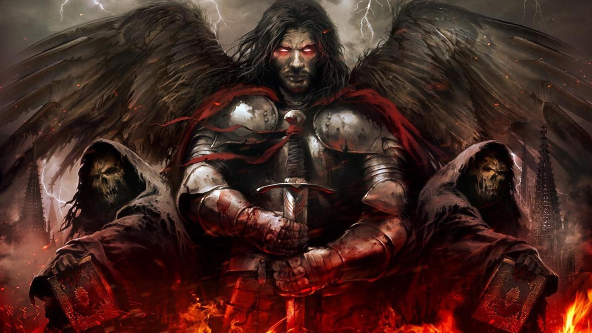 Winged warrior with glowing eyes and grim reapers HD Wallpaper