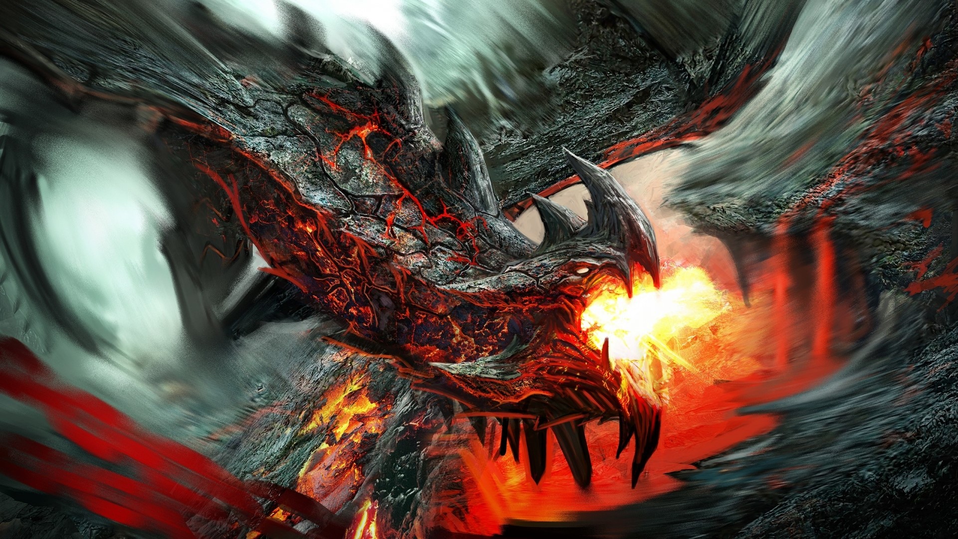 Dragon breathing fire in a rocky landscape HD Wallpaper