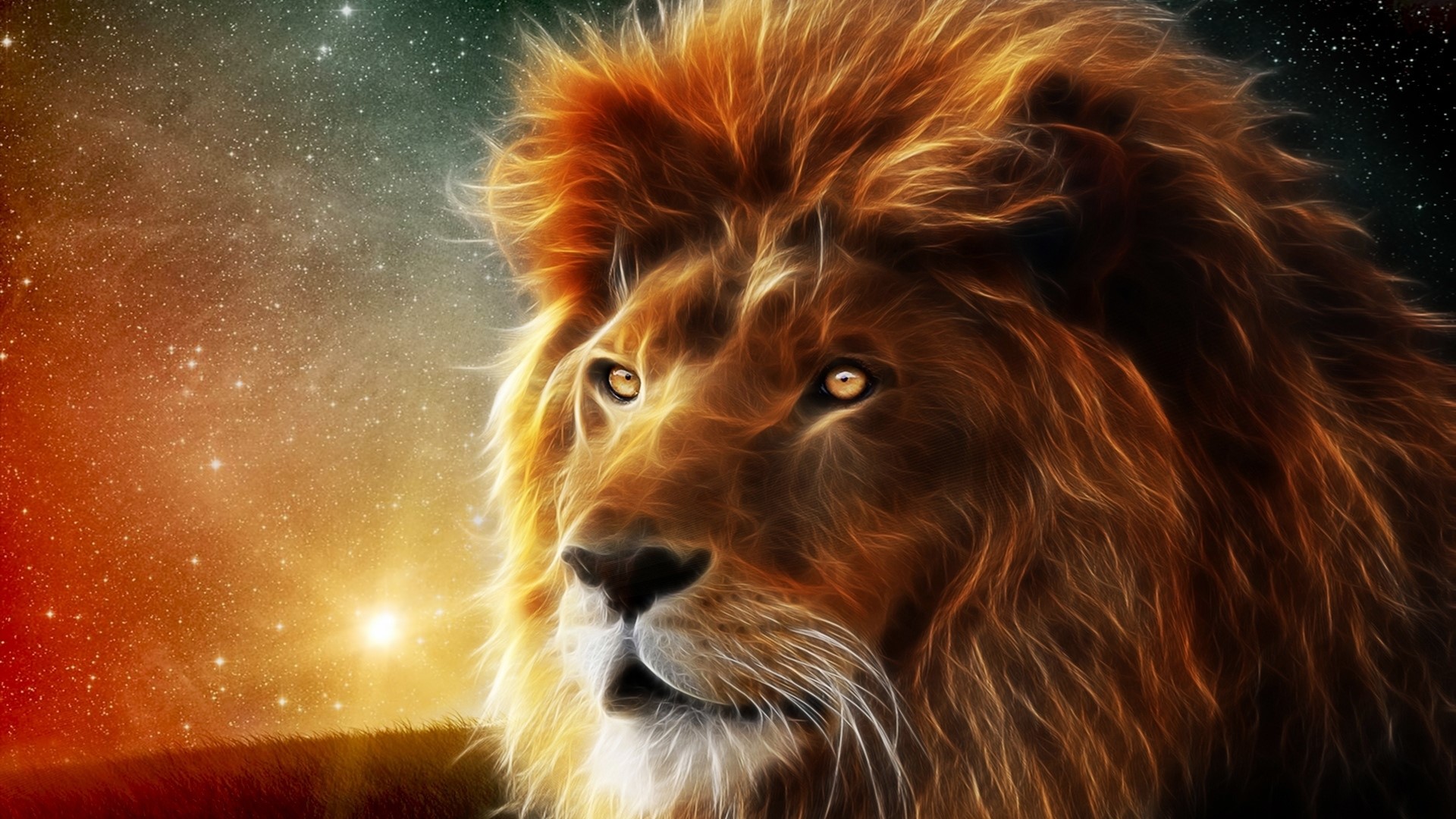 Lion with a glowing mane against a starry sky HD Wallpaper