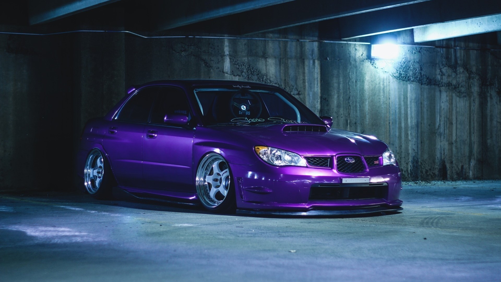 Purple Subaru Impreza WRX STI parked in a concrete structure HD Wallpaper