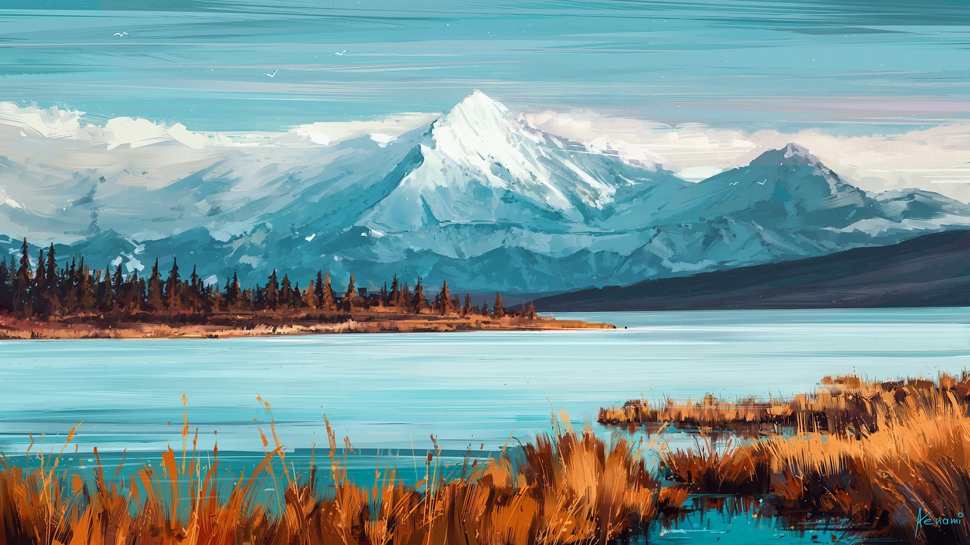 Snowy Mountains over a Lake with Autumn Grass HD Wallpaper