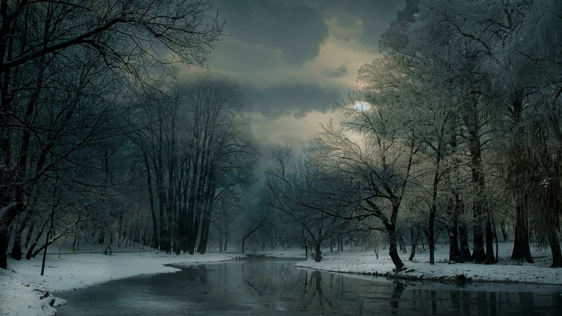 Winter river scene with bare trees and cloudy sky HD Wallpaper