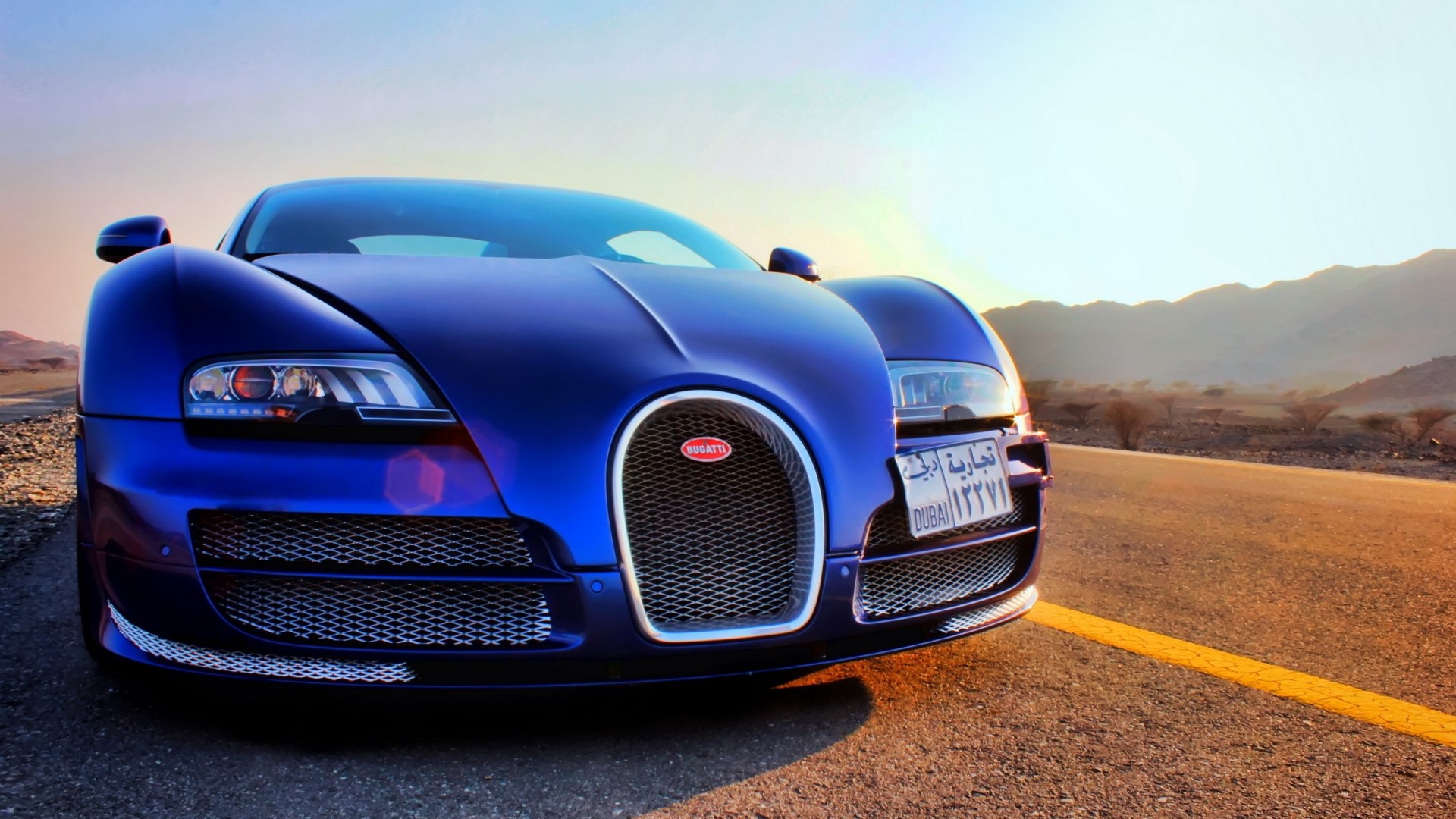 Blue Bugatti Veyron on a Desert Road HD Wallpaper