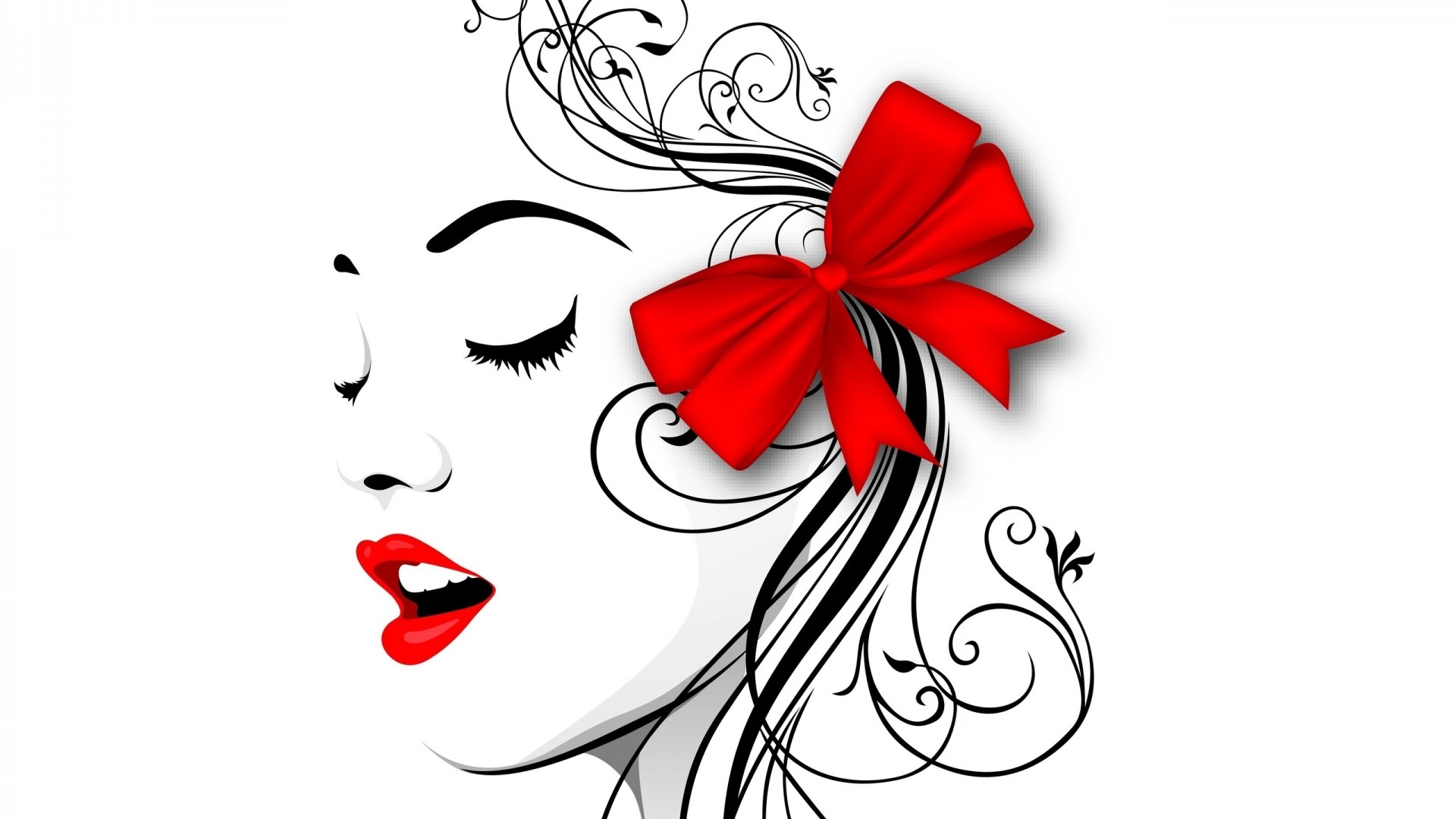 Woman with Red Bow and Floral Hair HD Wallpaper