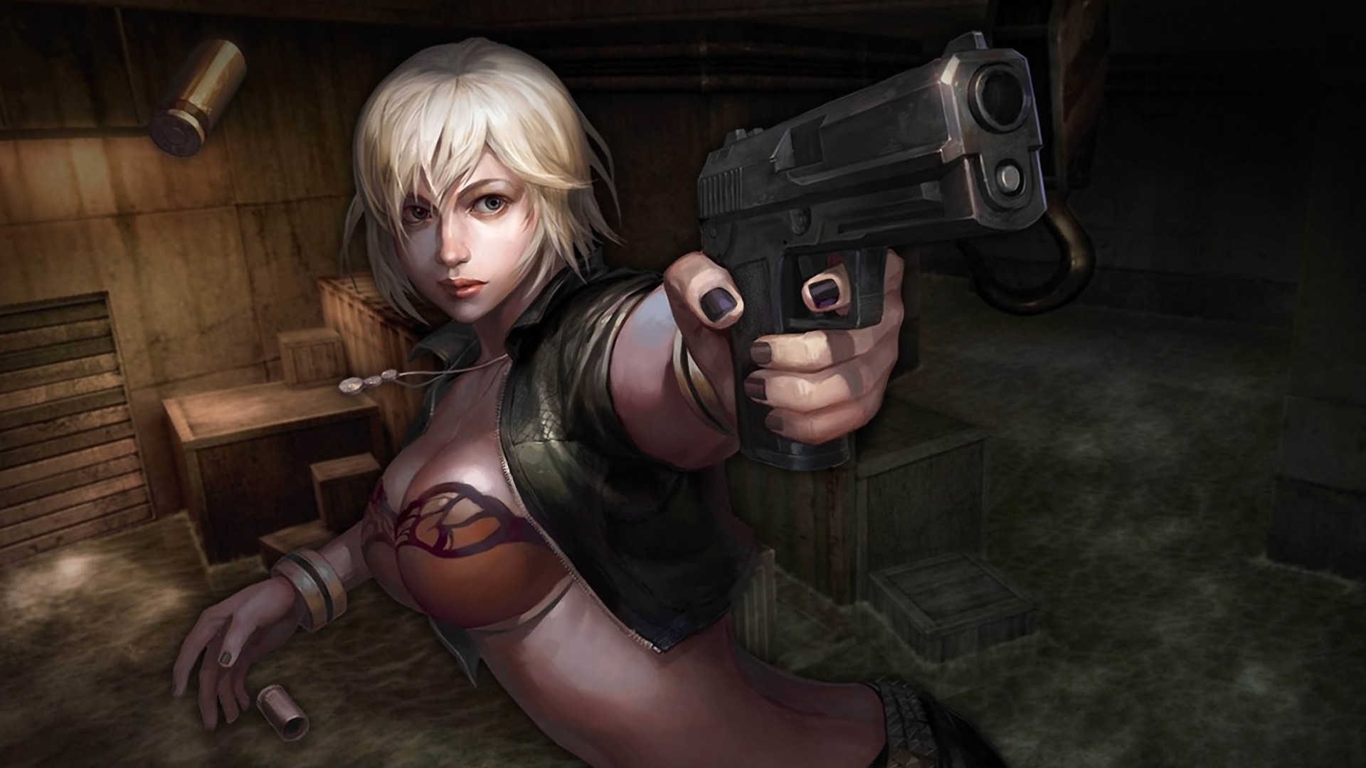 Woman holding a pistol in a dark room HD Wallpaper