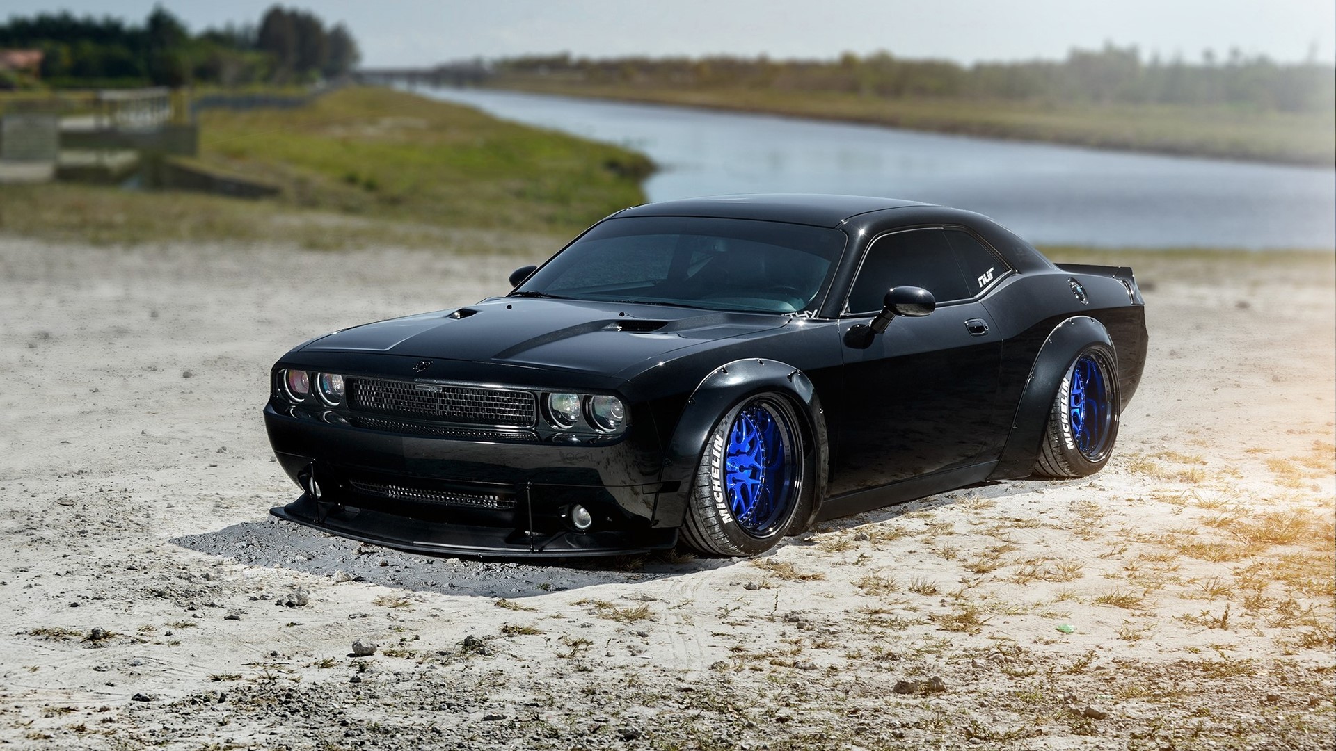Black Dodge Challenger with custom wheels HD Wallpaper